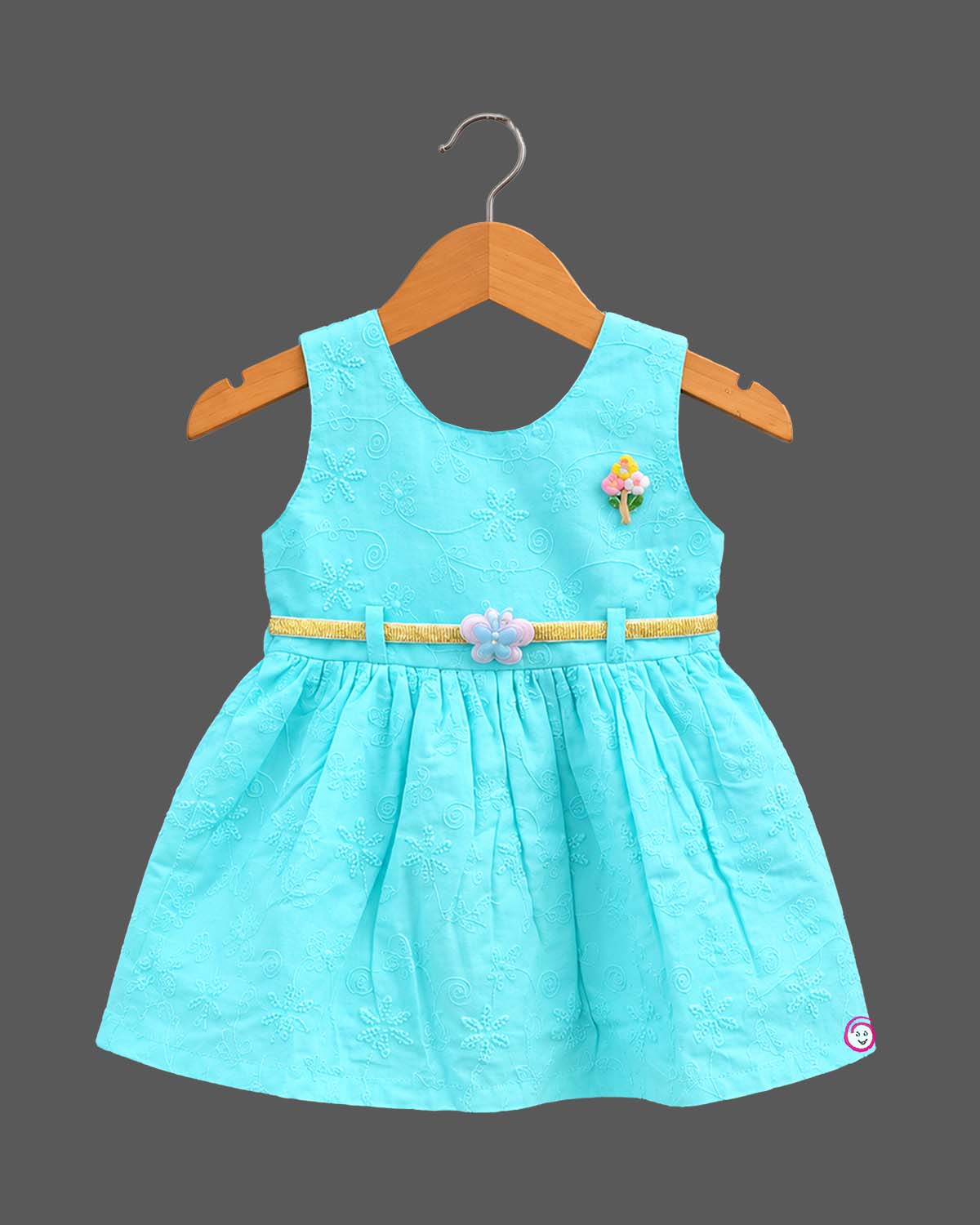 Sleeveless cotton embroidered baby casual wear dress with waist belt detail