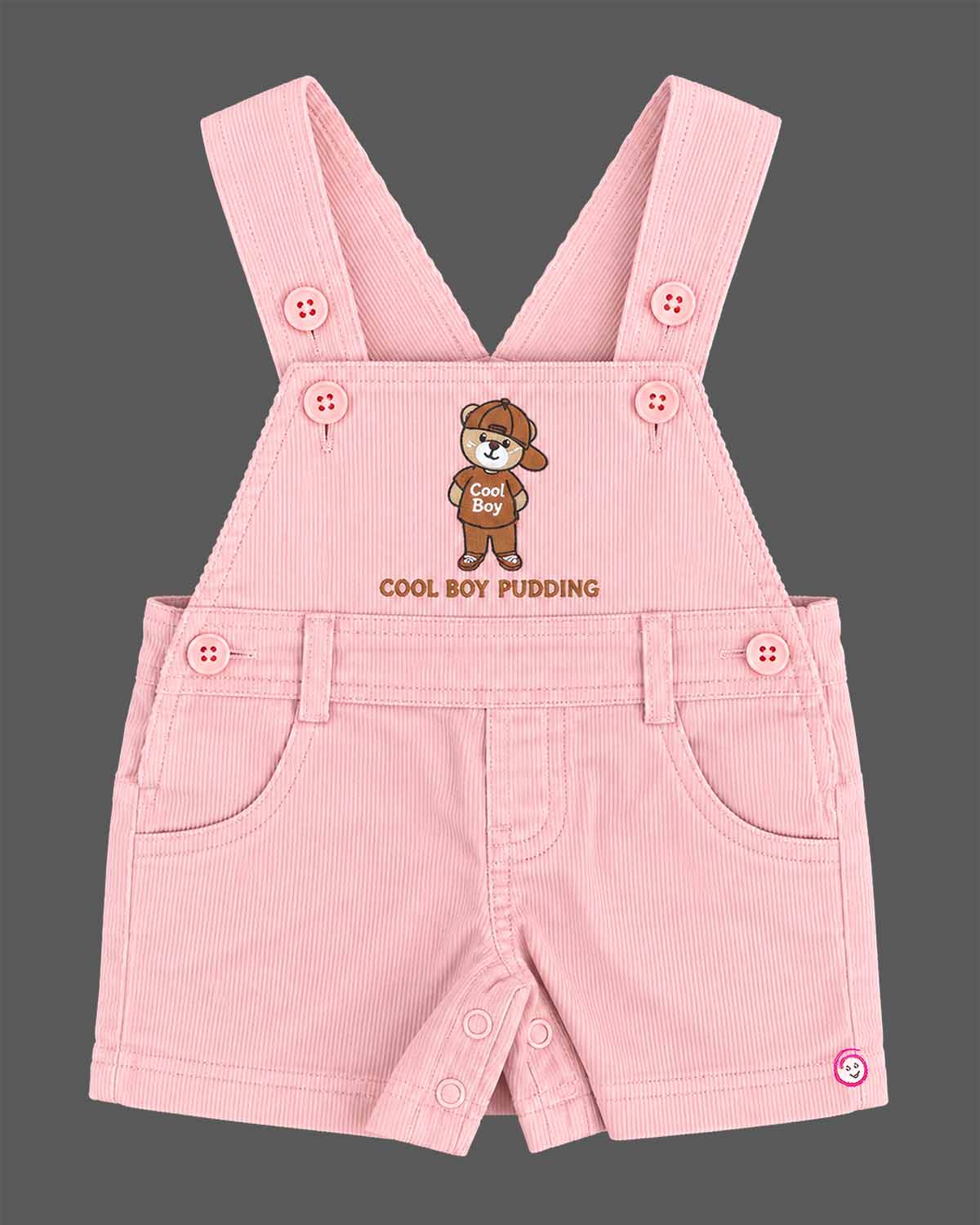 Baby clothes set featuring printed t-shirt and dungaree shorts with bear patch for toddler boys