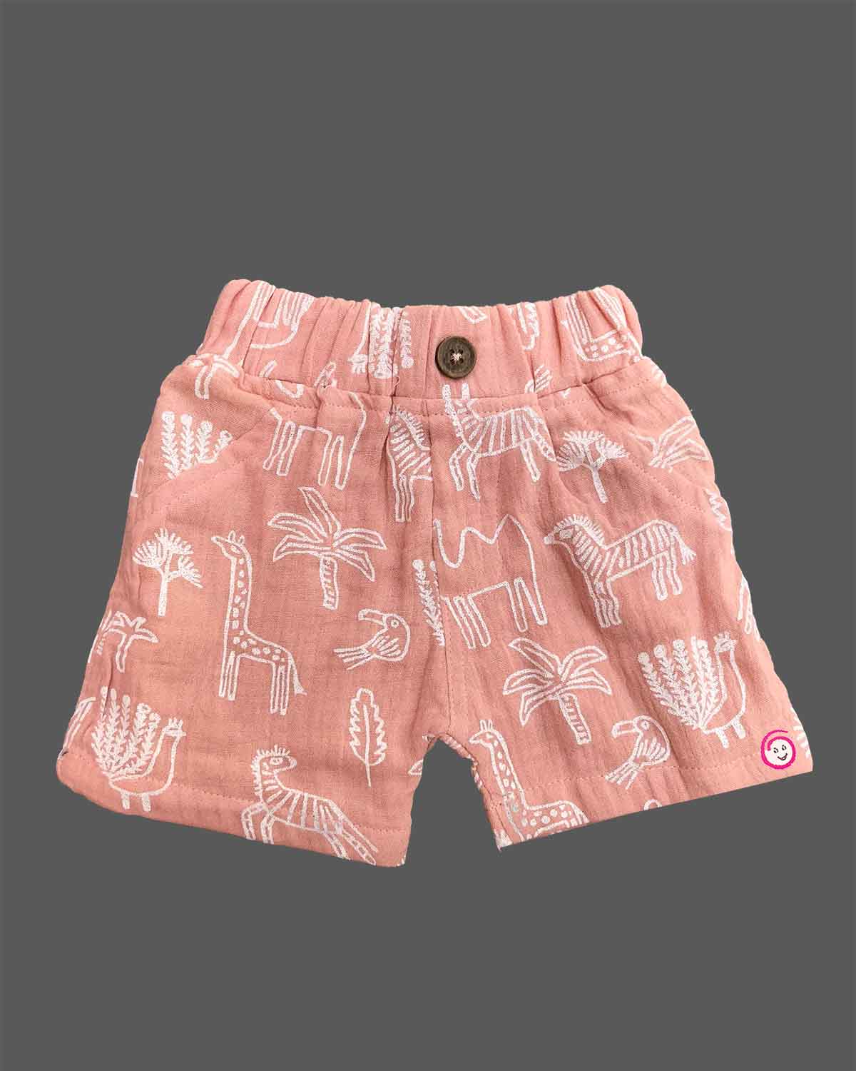 Dusty rose safari animal printed cotton muslin boys top and shorts set for summer vacations, playdates, and park outings