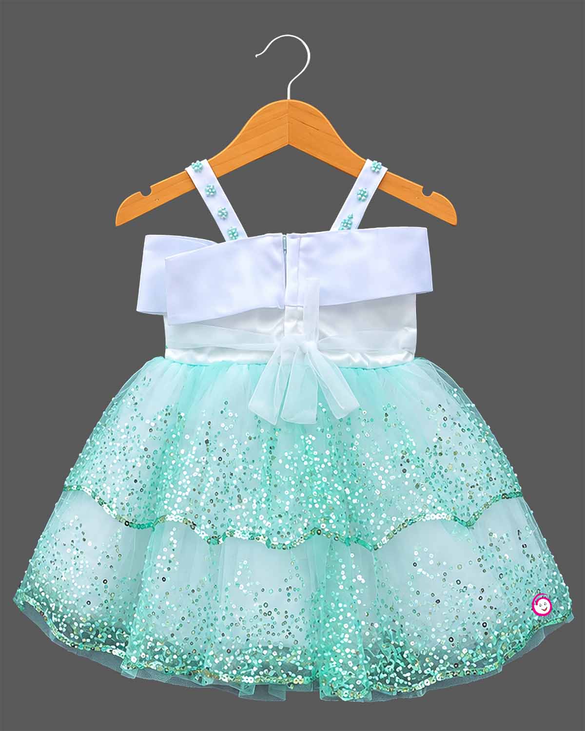 Girls sequin tiered tulle party frock with sleeveless satin shoulder straps and front bow accent under 120 chars.