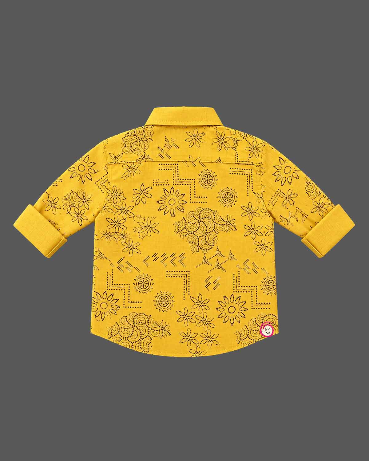 Printed button-down shirt party wear for boys with cuffed sleeves and spread collar.