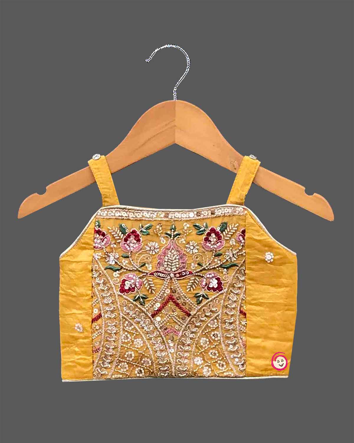 Kids silk embroidered sleeveless choli top matching jacket and pleated flared lehenga skirt set