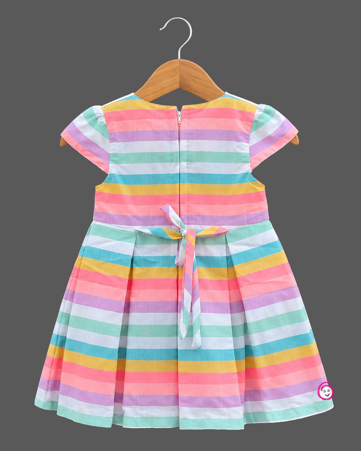 Toddler striped pleated frock featuring an ice cream graphic bodice and cap sleeves