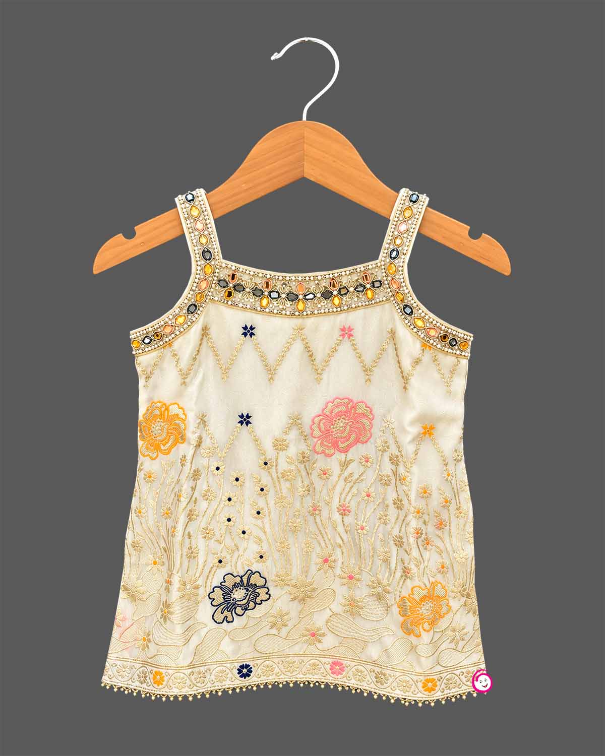 Girls Silk Sharara Set featuring floral embroidered short kurti with wide flared sharara pants for festive wear
