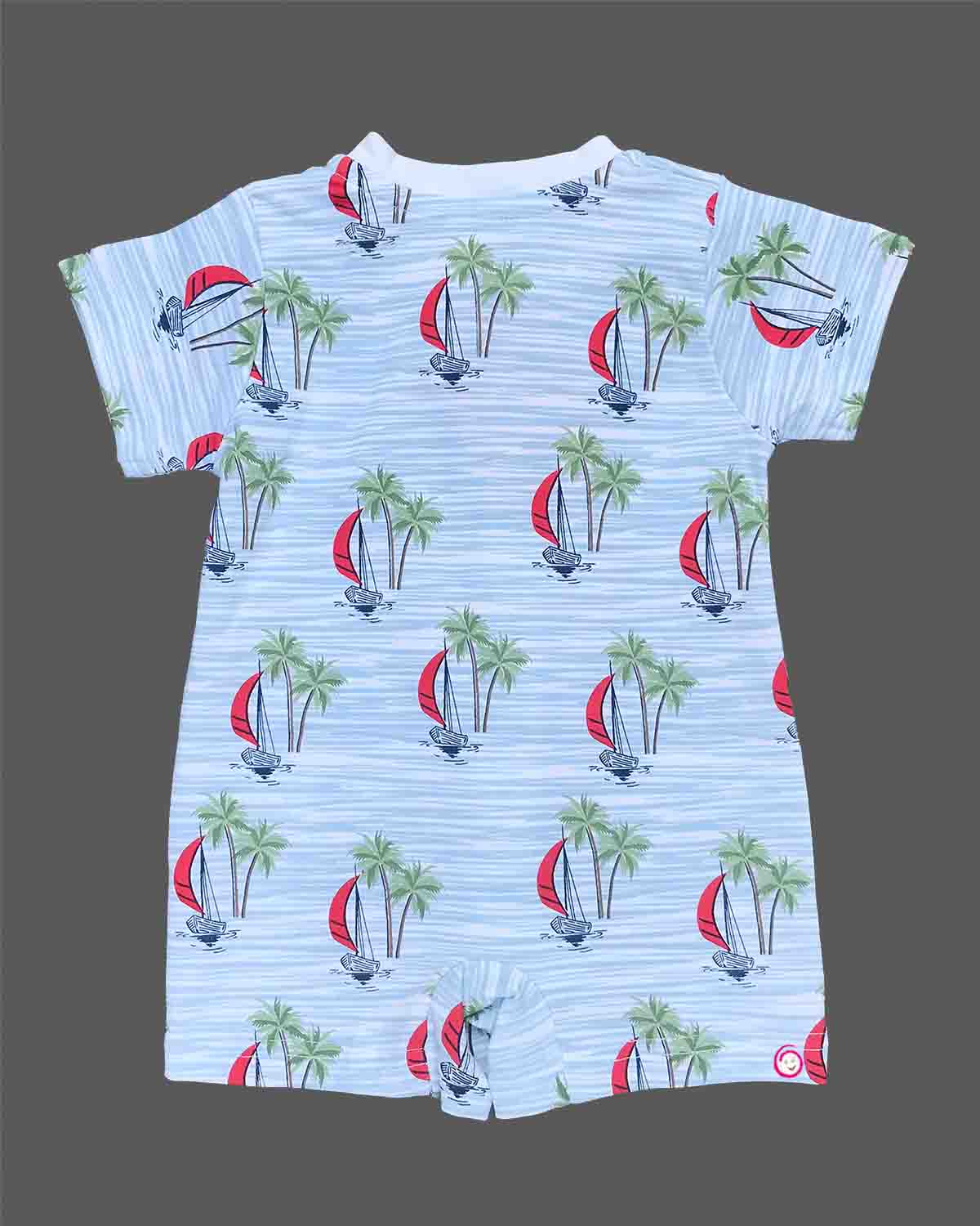 Kids boat printed half romper - Sky Blue