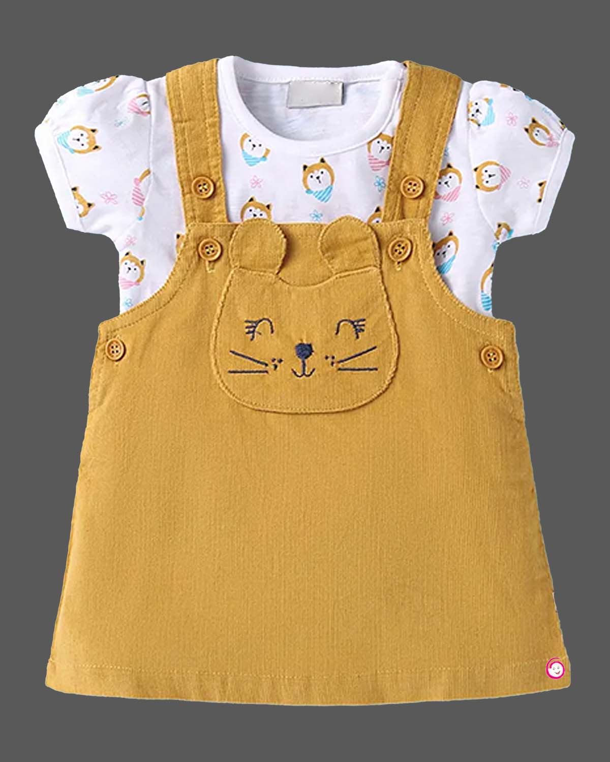 Girls animal embroidered dress with half puff sleeve tee shirt - Mustard