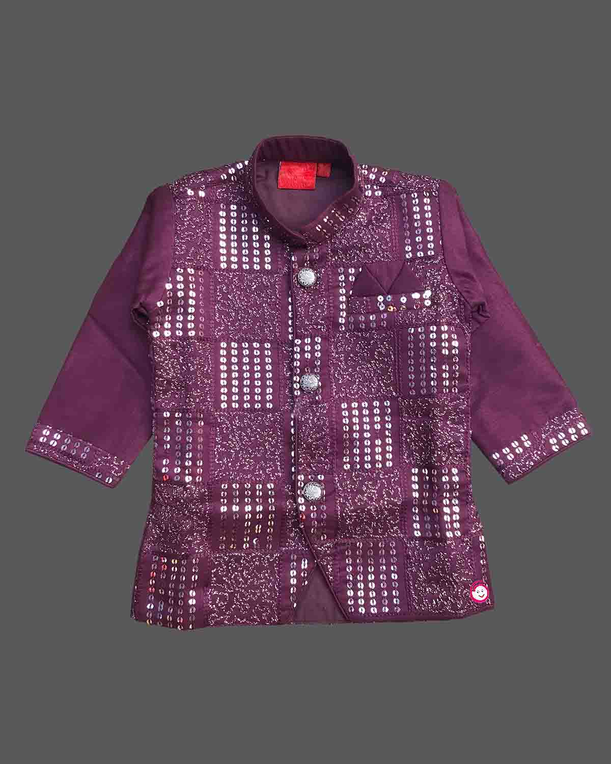 Boys mirror work sherwani set with mandarin collar and elasticated pyjamas for cultural festivals and sangeet functions.