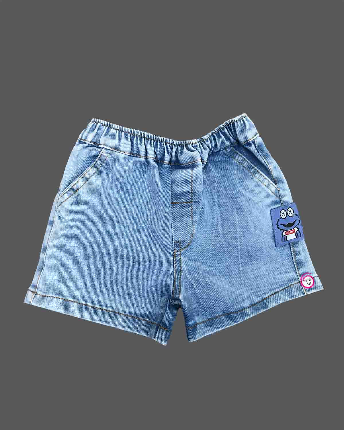 Charcoal grey t-shirt with 3D elephant patch and light wash blue denim elasticated shorts baby boy top and shorts set for summer vacations, playdates, and park outings