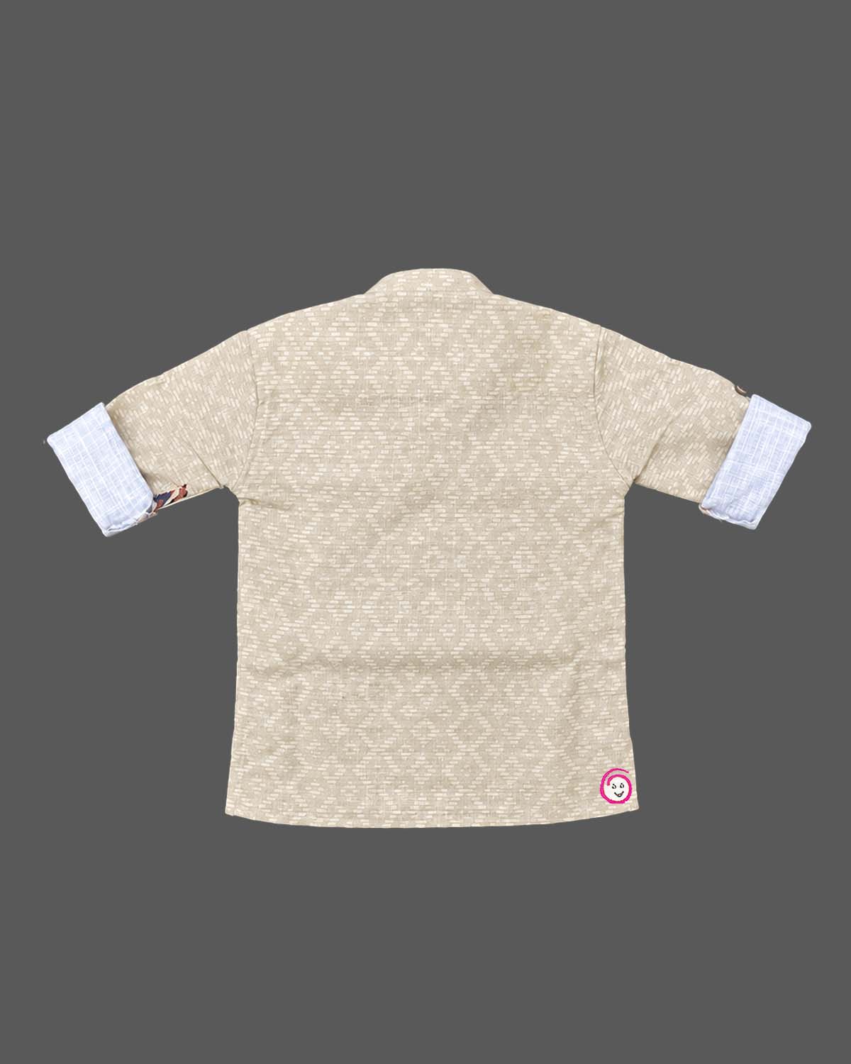Mandarin collar shirt with roll-up sleeves for party wear for boys with printed hemline.