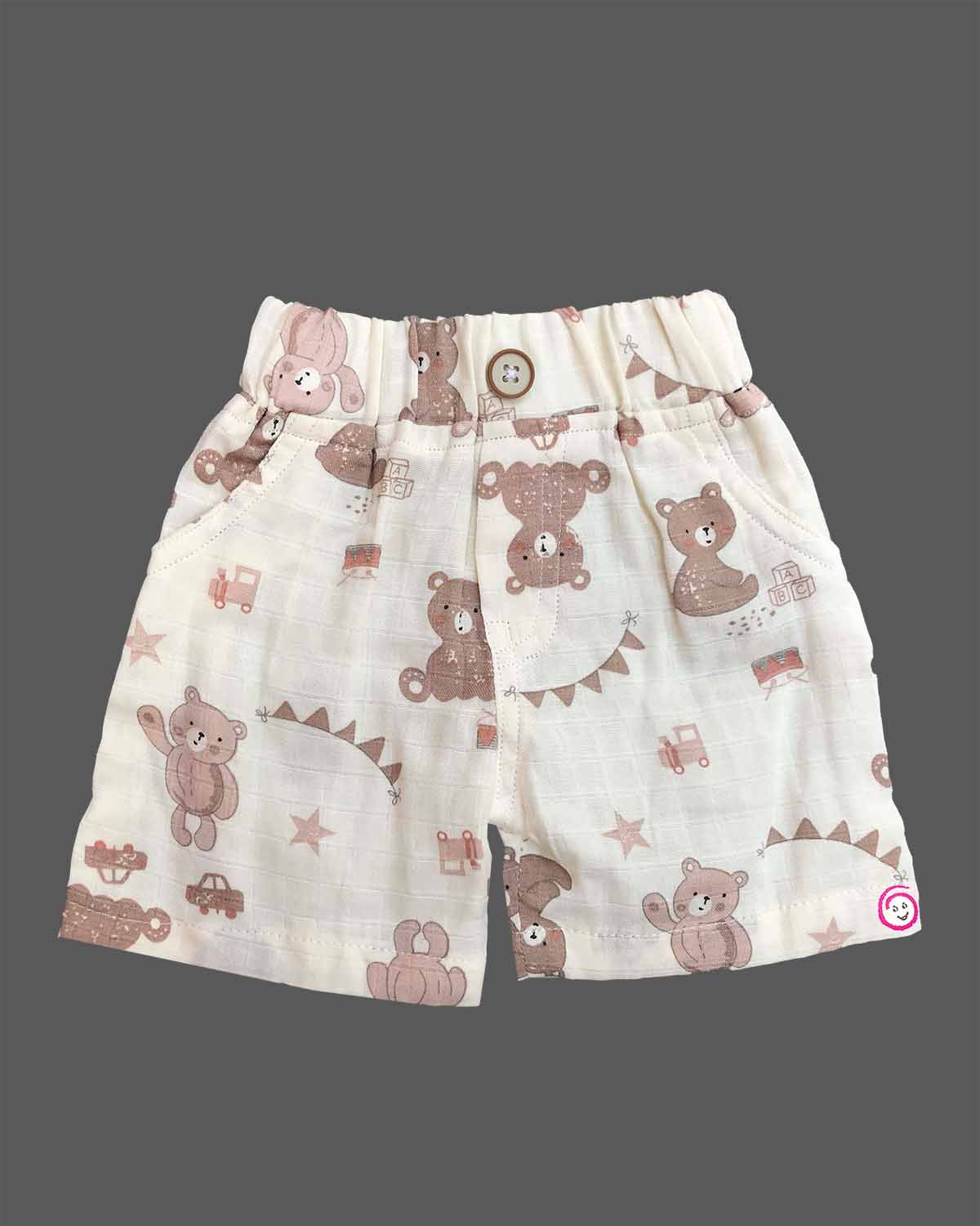 Cream teddy bear printed muslin cotton boys top and shorts set for summer vacations, playdates, and park outings