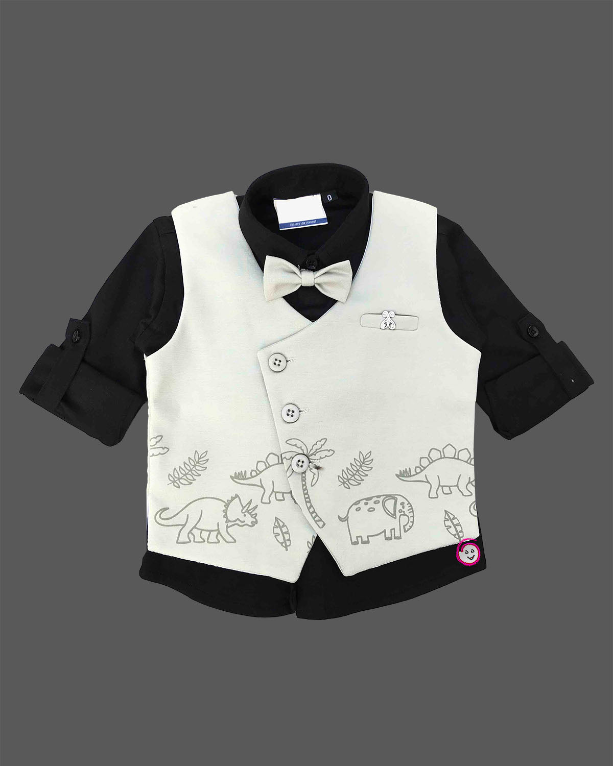 Black and off-white animal printed waistcoat suit set with bow tie for infant boys