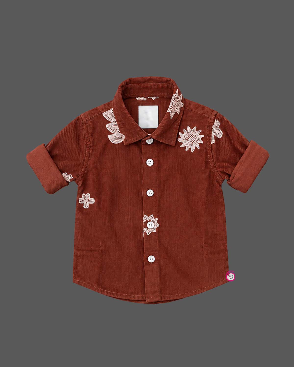 Boys embroidered corduroy shirt featuring spread collar and button closure for party wear