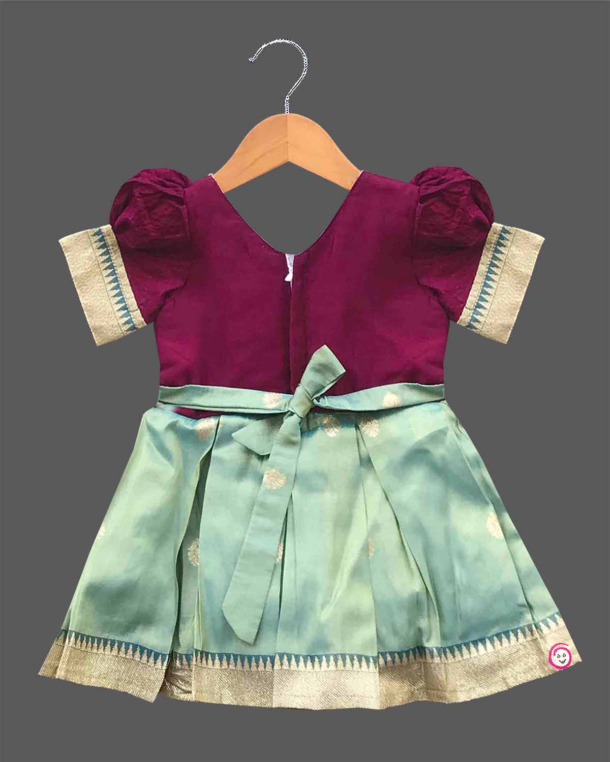 Little princess art silk traditional frock featuring peacock embroidery and zari woven hem