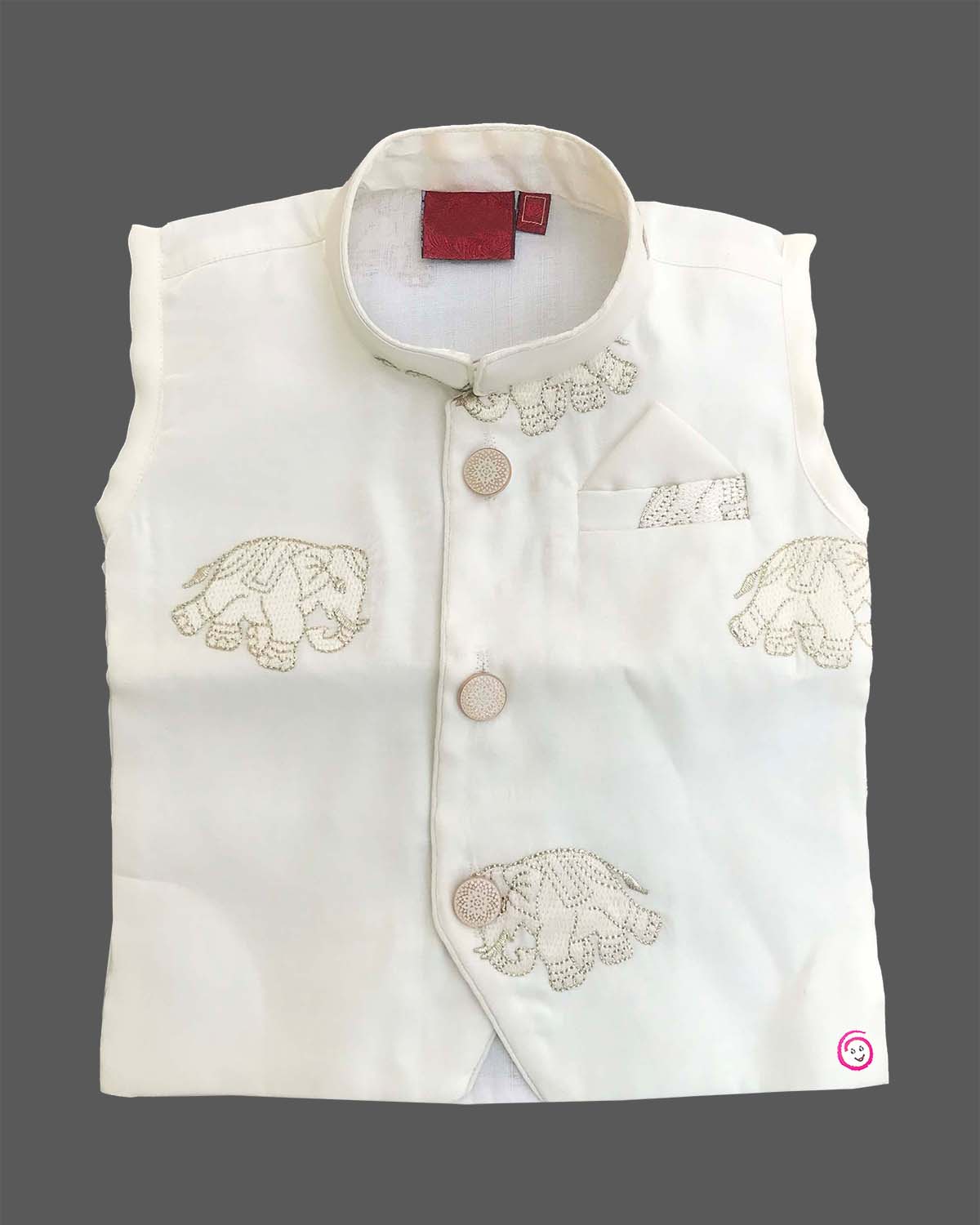 Boys off-white silk ethnic kurta jacket with gold elephant embroidery and mandarin collar paired with matching elastic waist dhoti pant