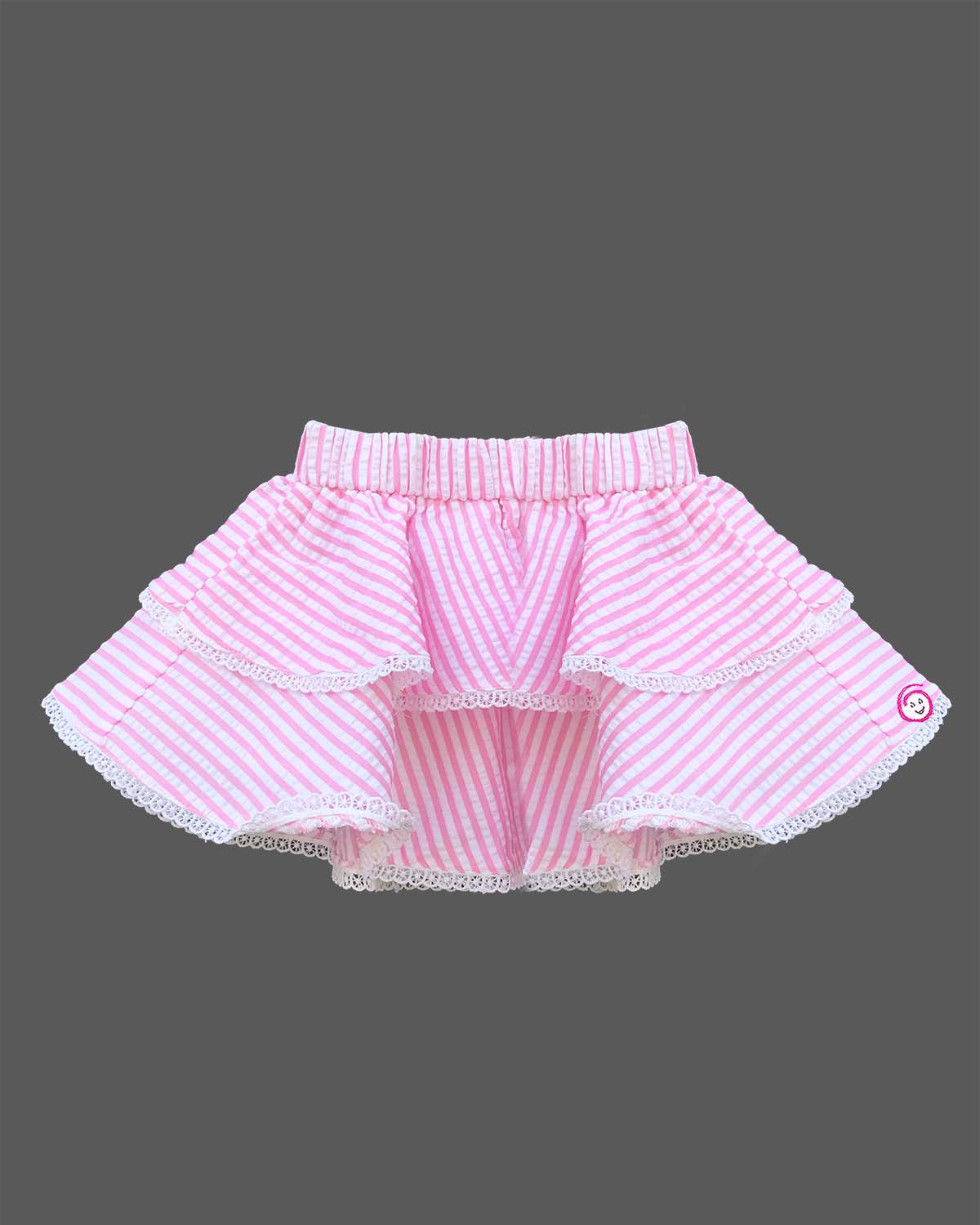 Trendy striped two-piece set for baby girls featuring a sleeveless front-knot crop top with appliqué bow alongside a matching lace-trimmed tiered flared skirt on a hanger.