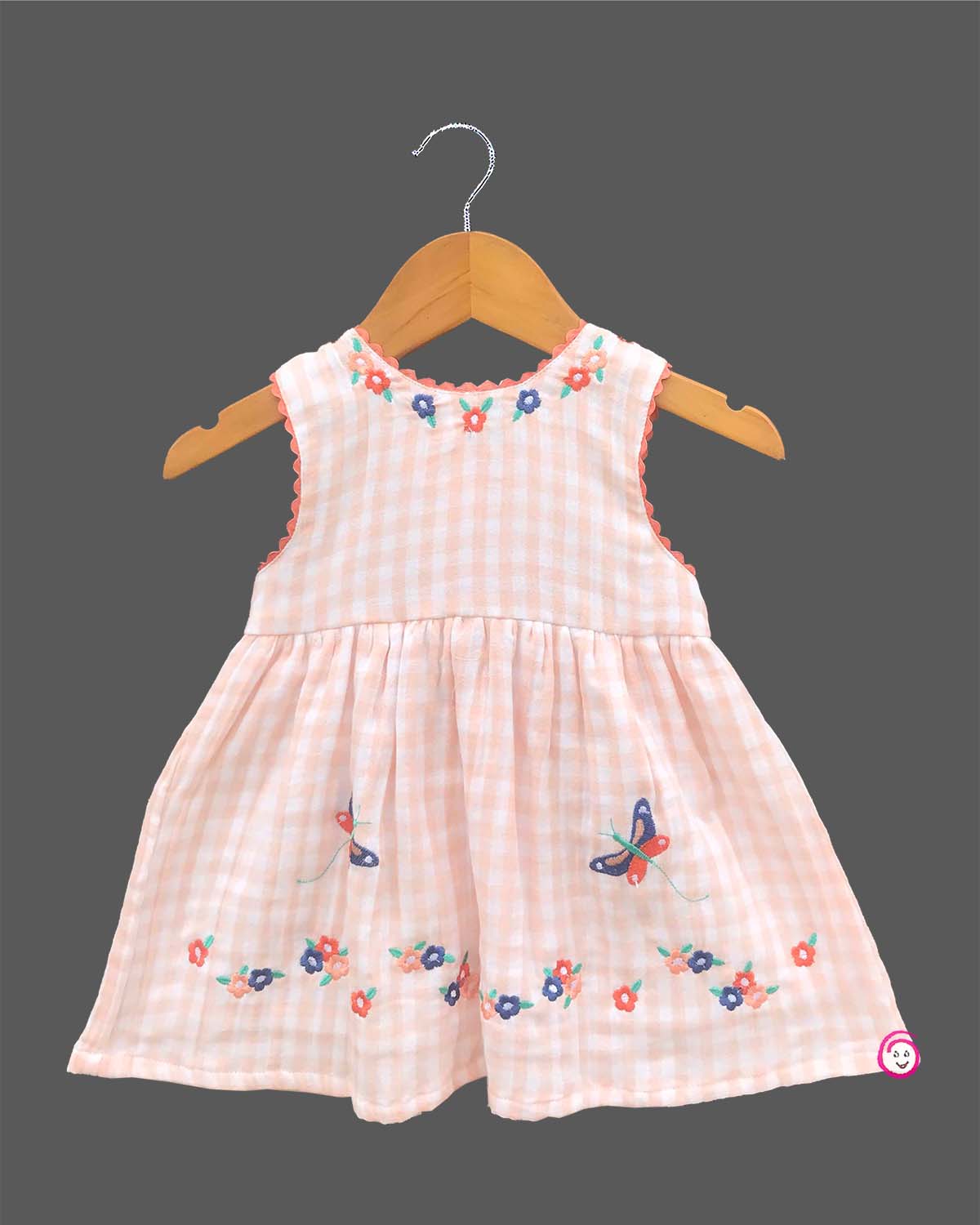 Little princess embroidered checked casual frock with butterfly and floral detailing for everyday comfort