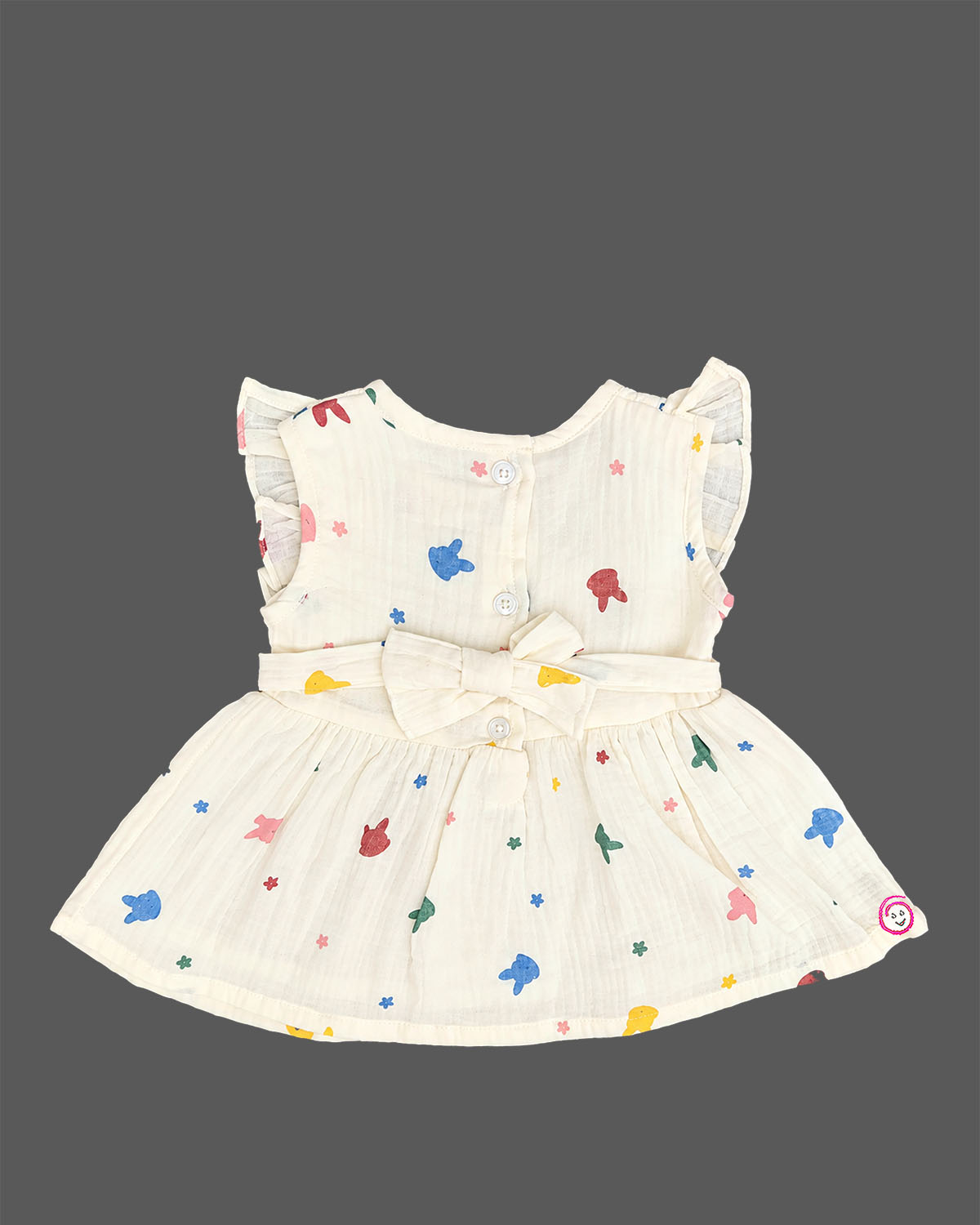 Infants frock with colorful printed motifs, Frill Sleeve, and flared hem for girls