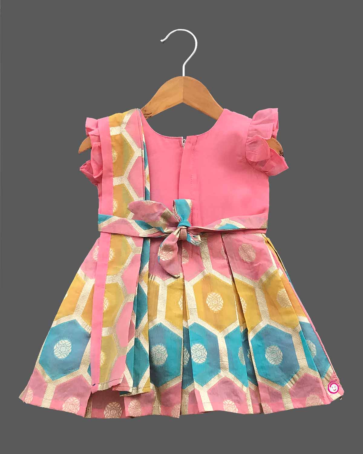 Girls traditional with frill sleeve frock - Baby Pink