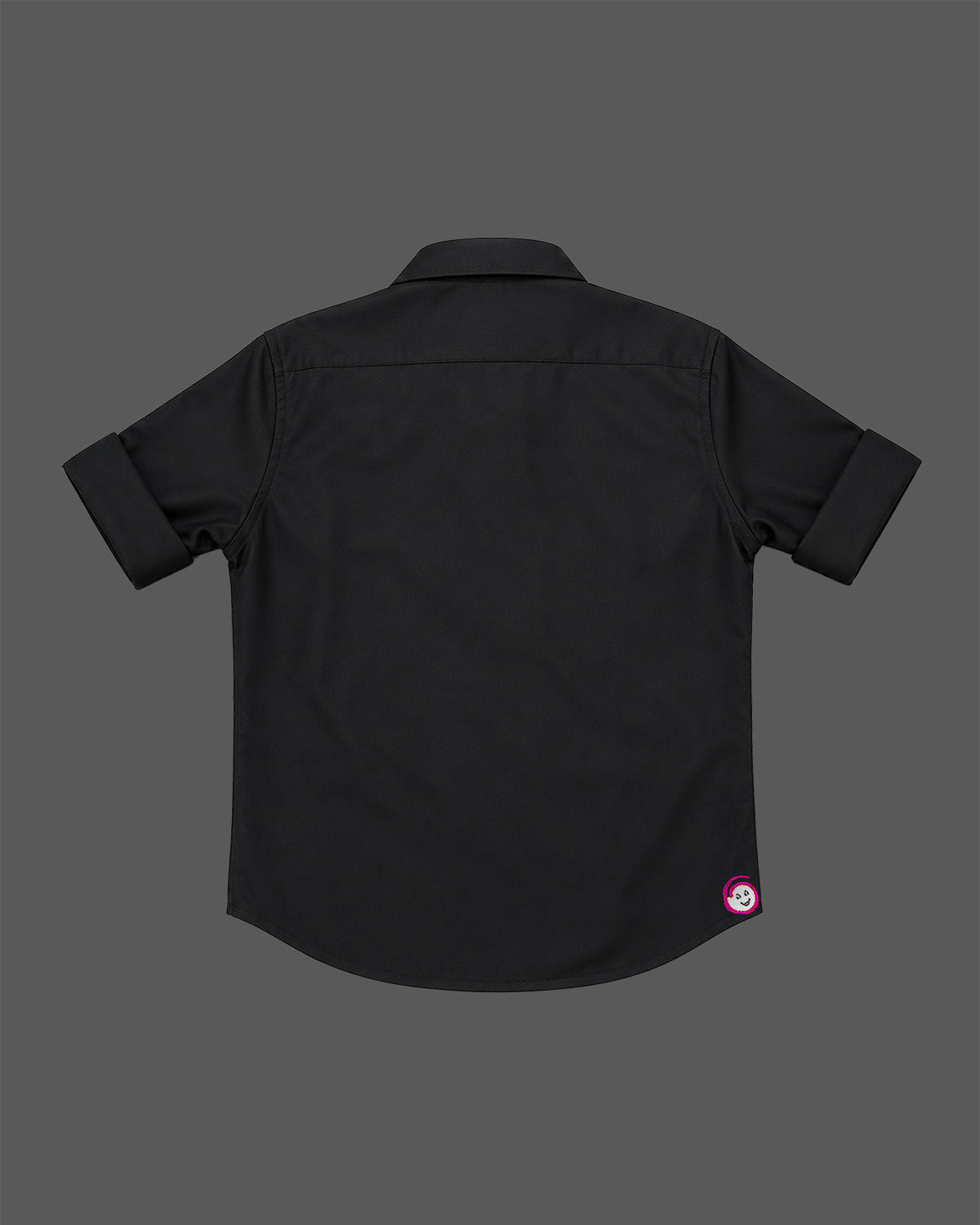 Front view of a designer collared party shirt for boys featuring intricate stud detailing across the yoke and roll-up sleeves.