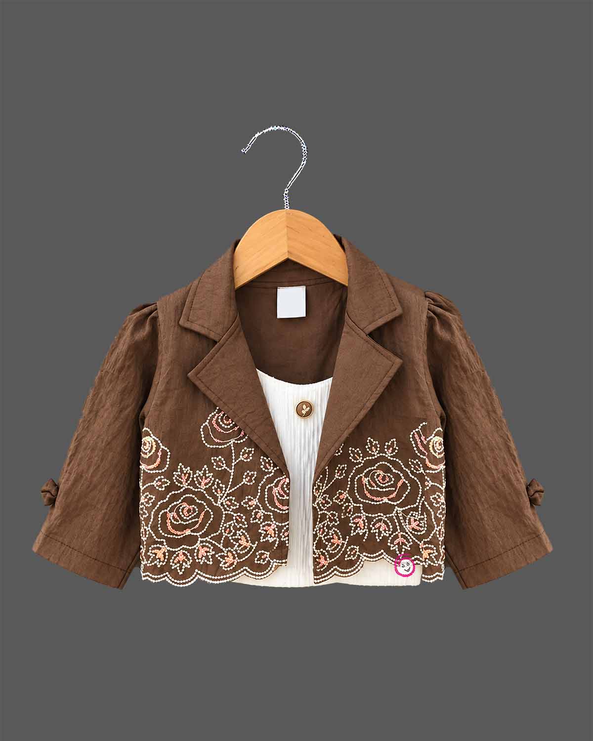 Toddler embroidered jacket and skirt set with floral detailing for party wear