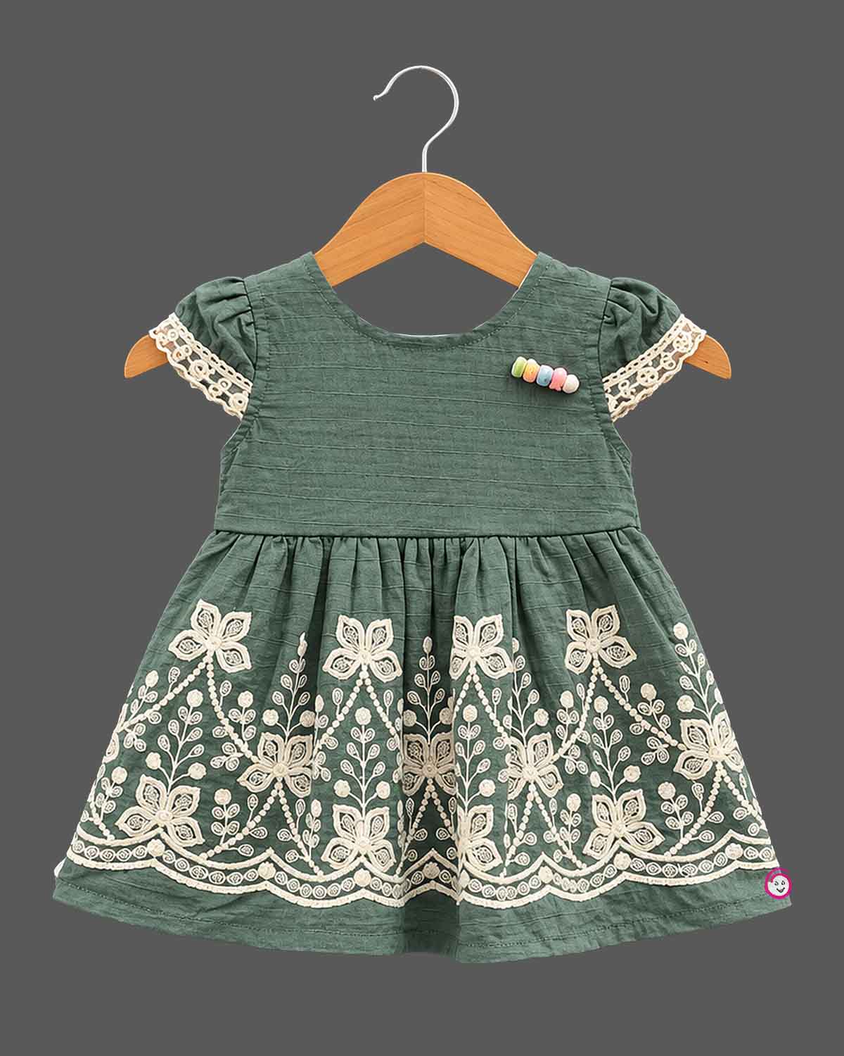 Toddler embroidered lace cotton frock with puff sleeves for birthday casual wear