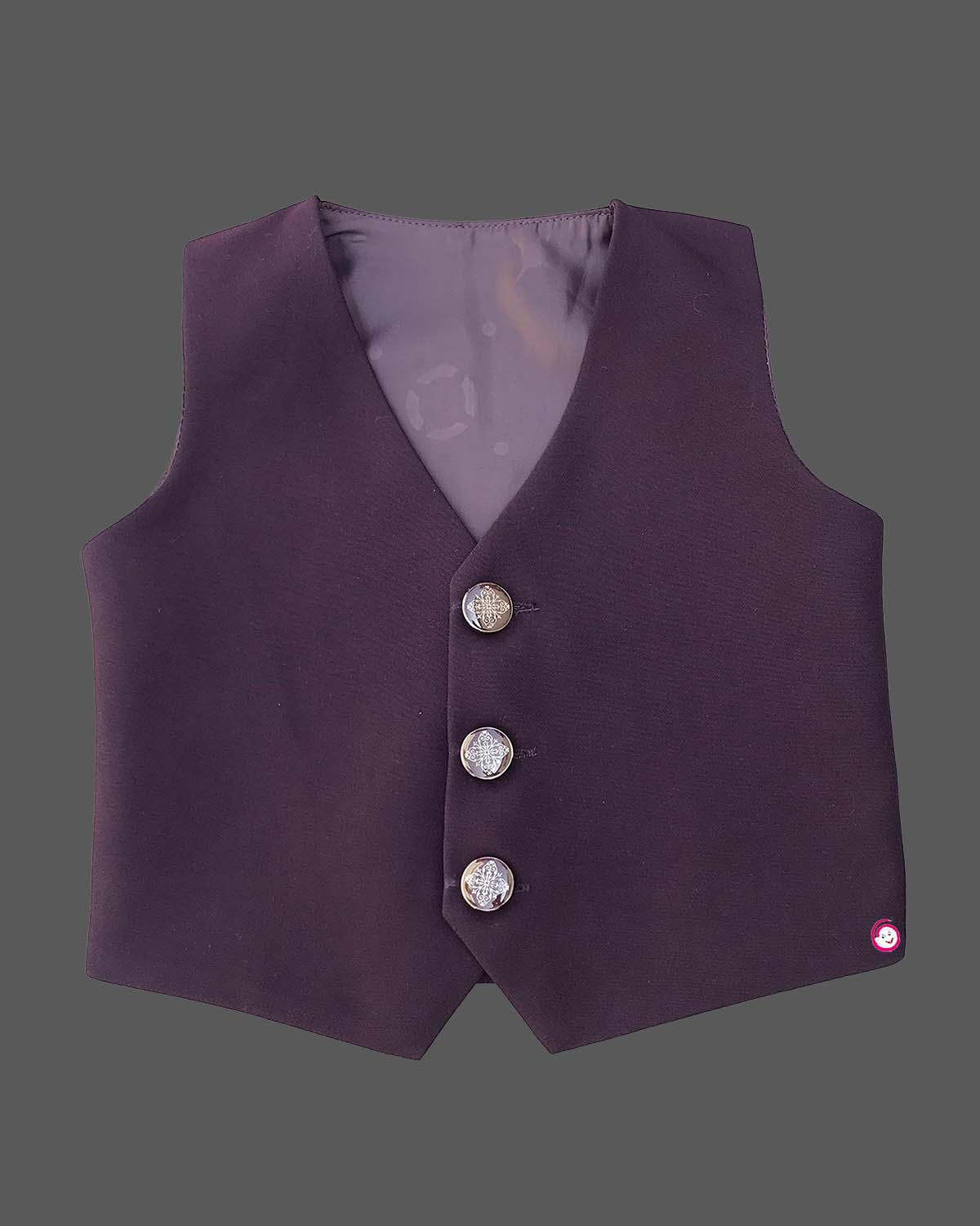 Boys wine designer tuxedo suit set featuring a shawl collar blazer with intricate gold shoulder embroidery, shirt, waistcoat, tie, and matching formal pant