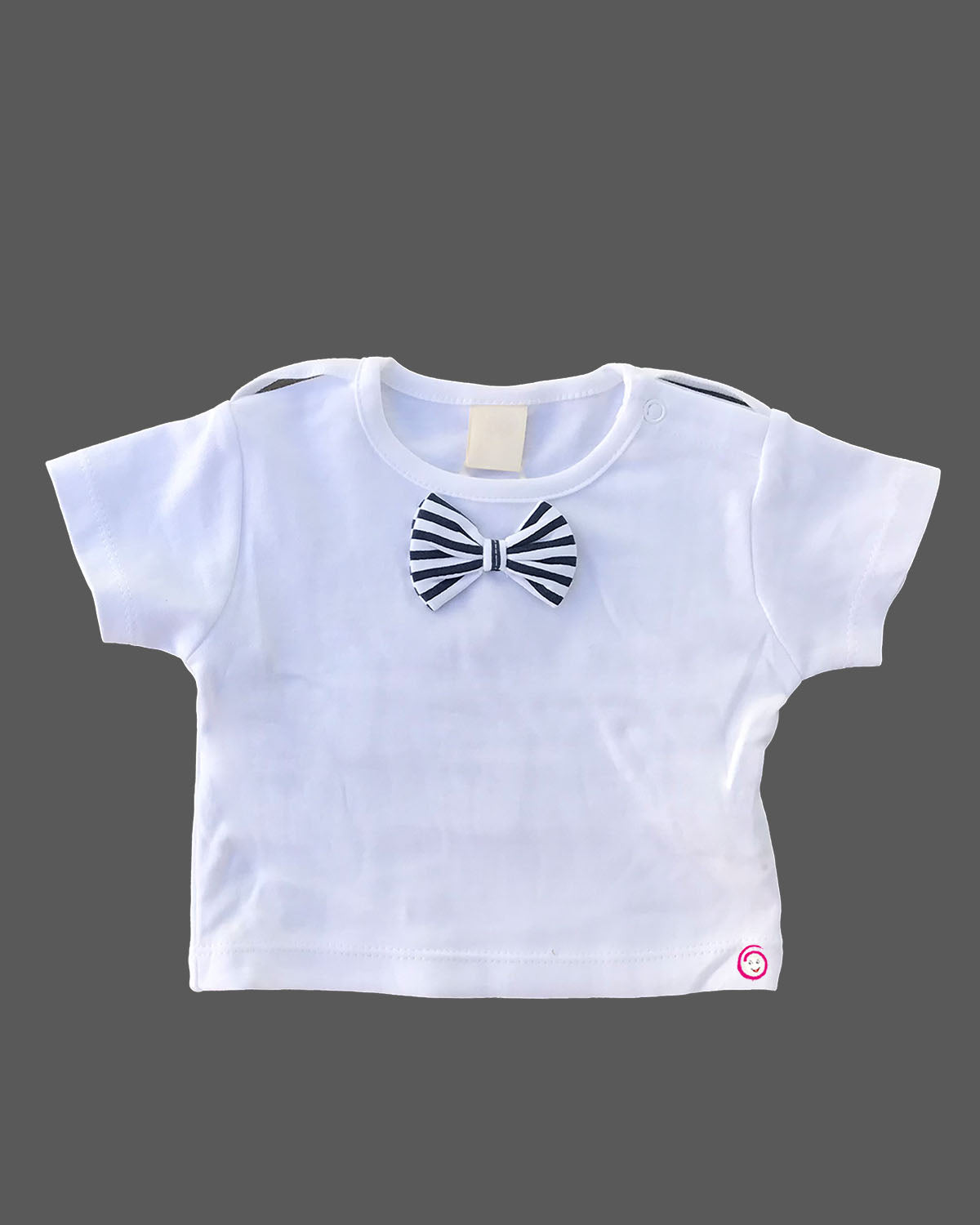 Infant suit with bow tie and striped suspender shorts for baby boys party wear.