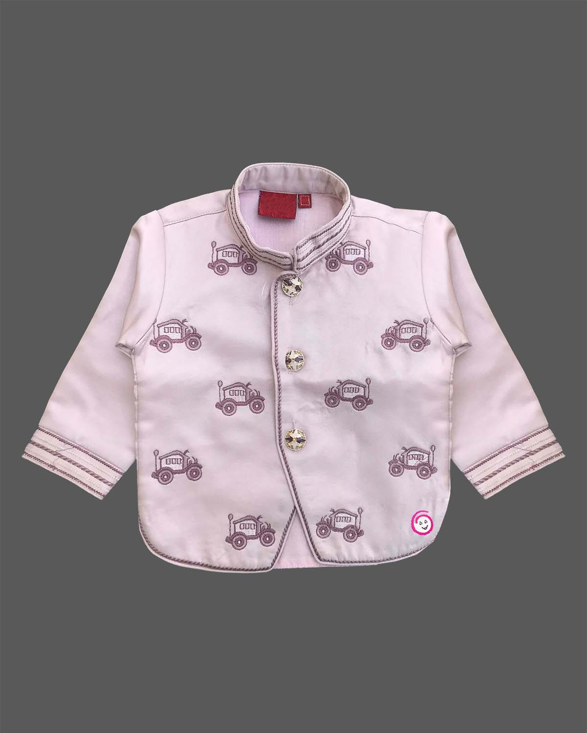 Boys lilac ethnic full sleeve kurta with auto embroidery motifs and mandarin collar paired with wine elastic waist dhoti pant