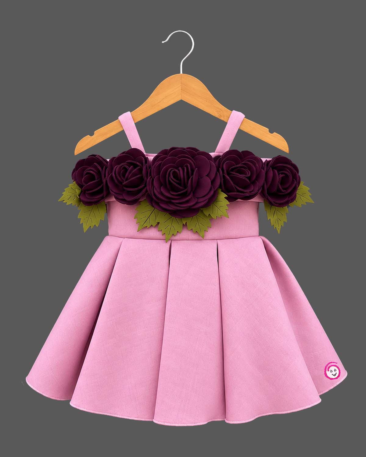 Baby party wear dress featuring structured scuba fabric and 3D floral neckline