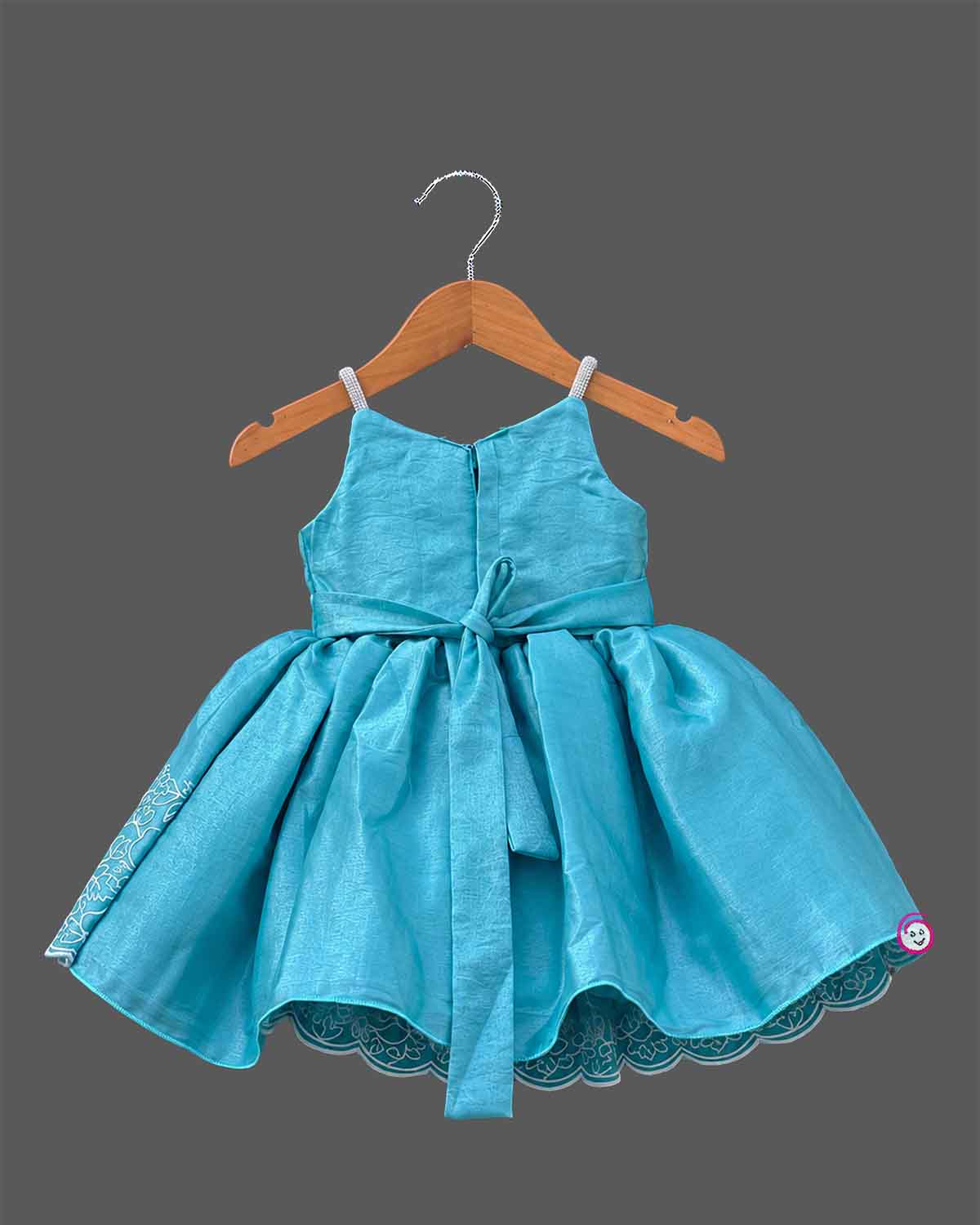 Sky blue embroidered net party frock for girls with bow detail and scalloped hem