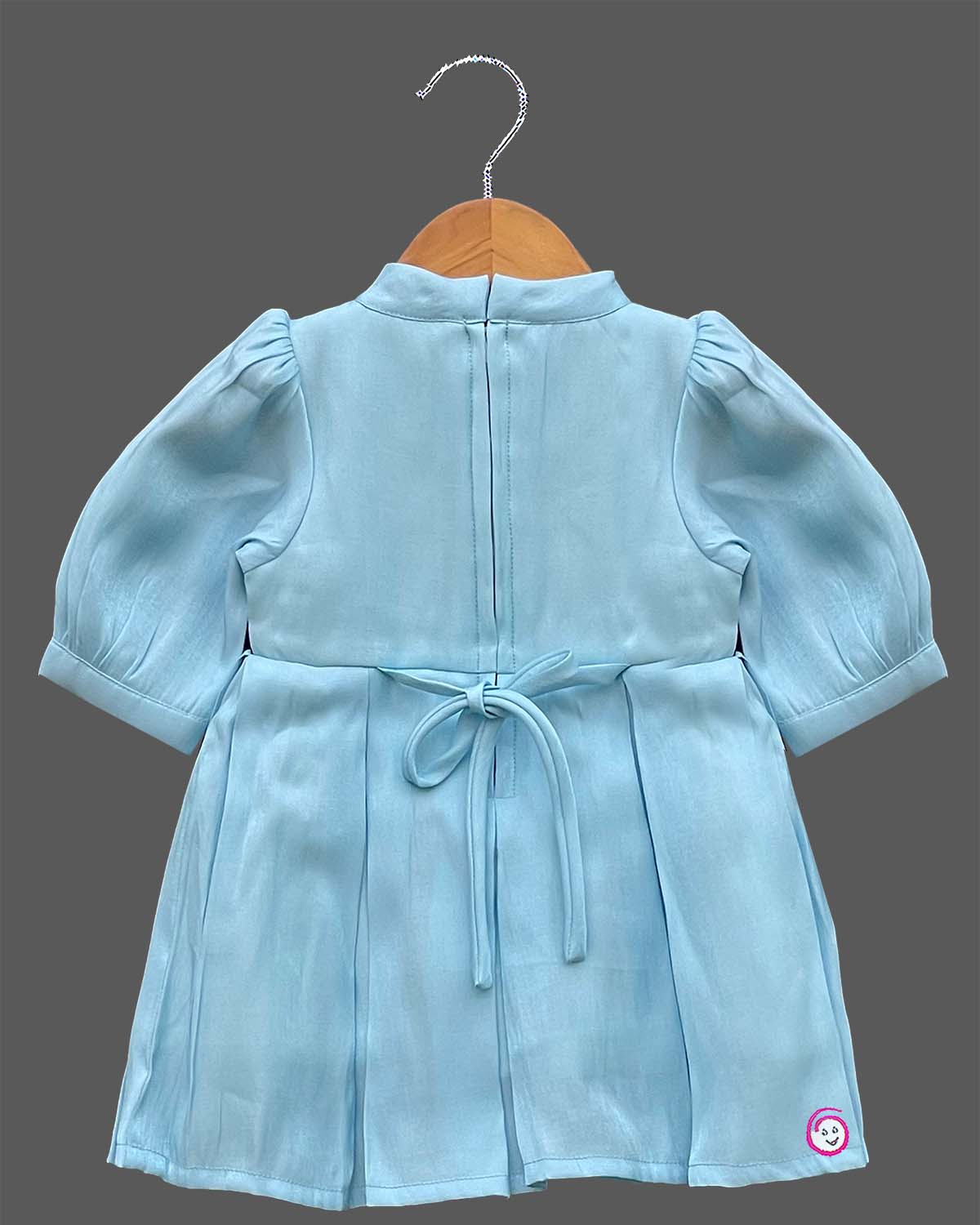 Sky blue embroidered floral cotton casual frock with navy blue flower accents for girls