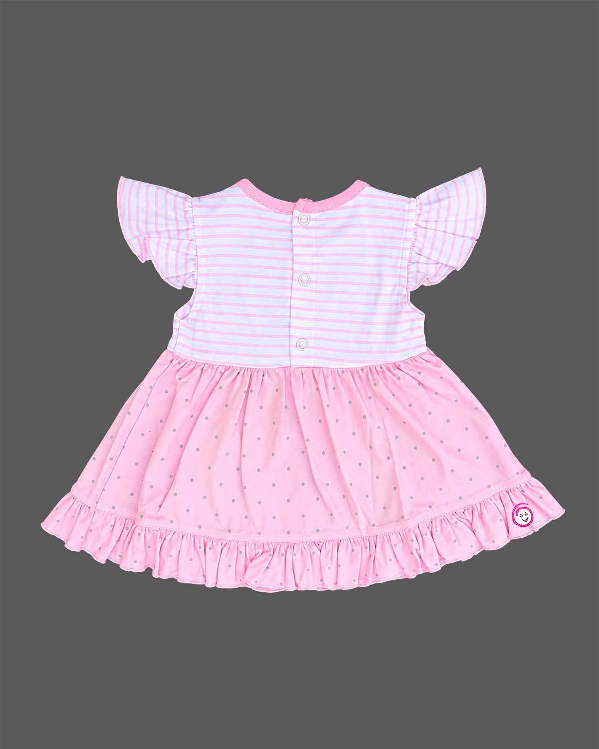 Pink striped and polka dot infants frock with frill sleeve and kitty applique