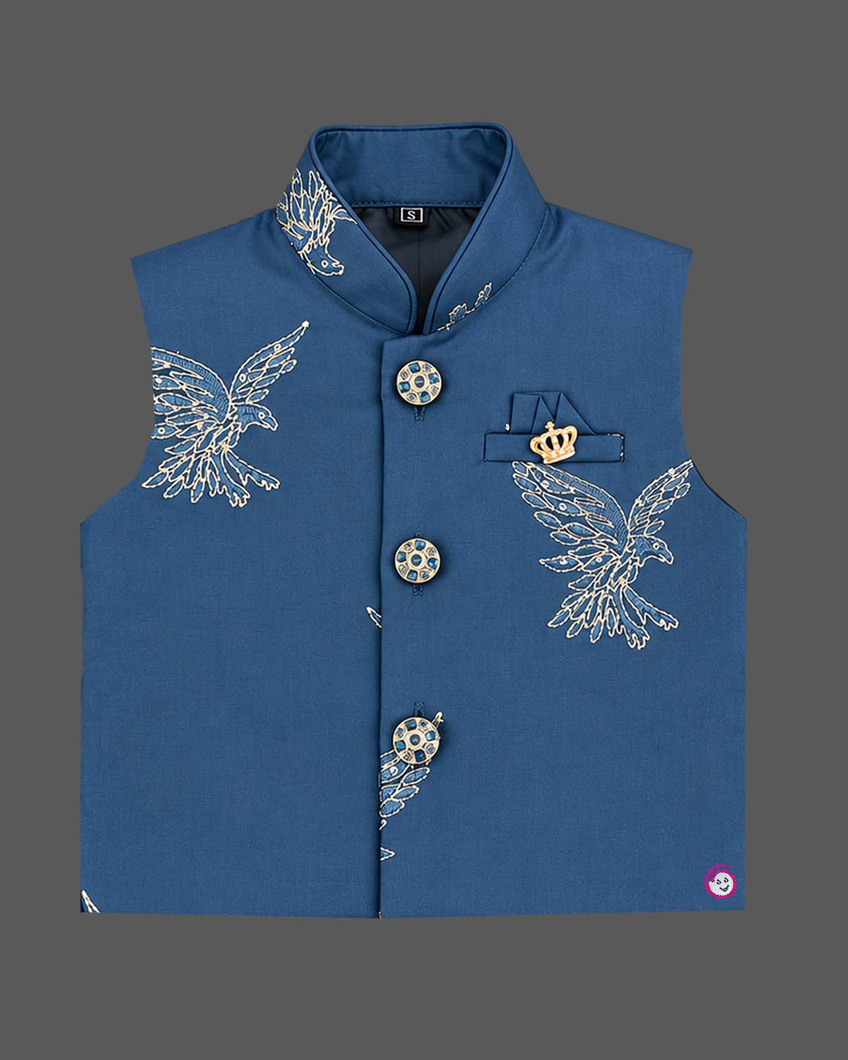 Kids sherwani set featuring golden eagle embroidery and mandarin collar for boys festive wear