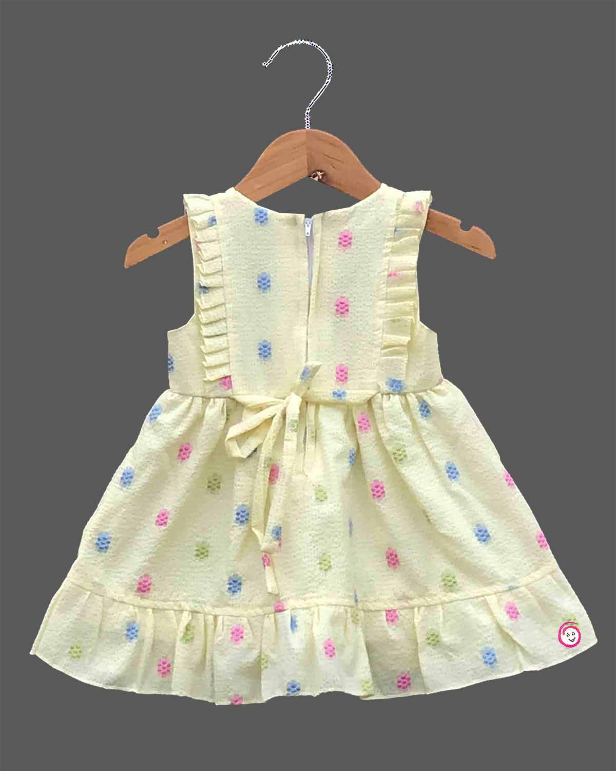 Baby girl cotton casual frock with shoulder ruffles and embroidered detailing for summer outings