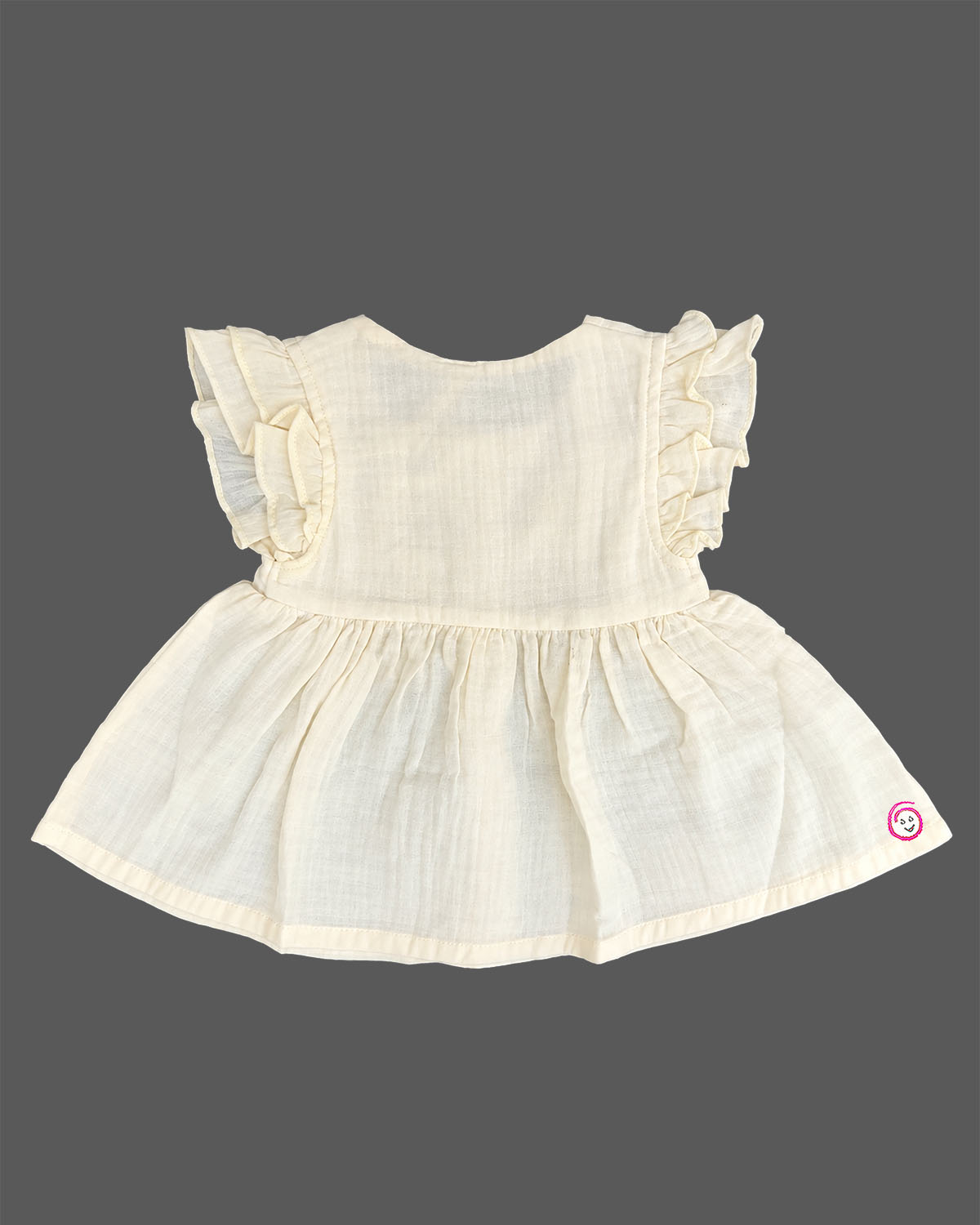 Off white infants frock with frill sleeve, front buttons, and small floral embroidery