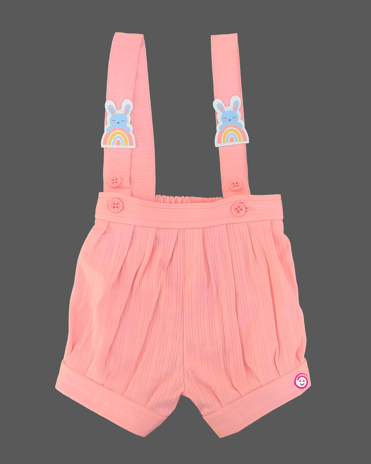 White doodle print t-shirt and peach Candy House suspender shorts set for birthday parties, casual outings, and summer playdates