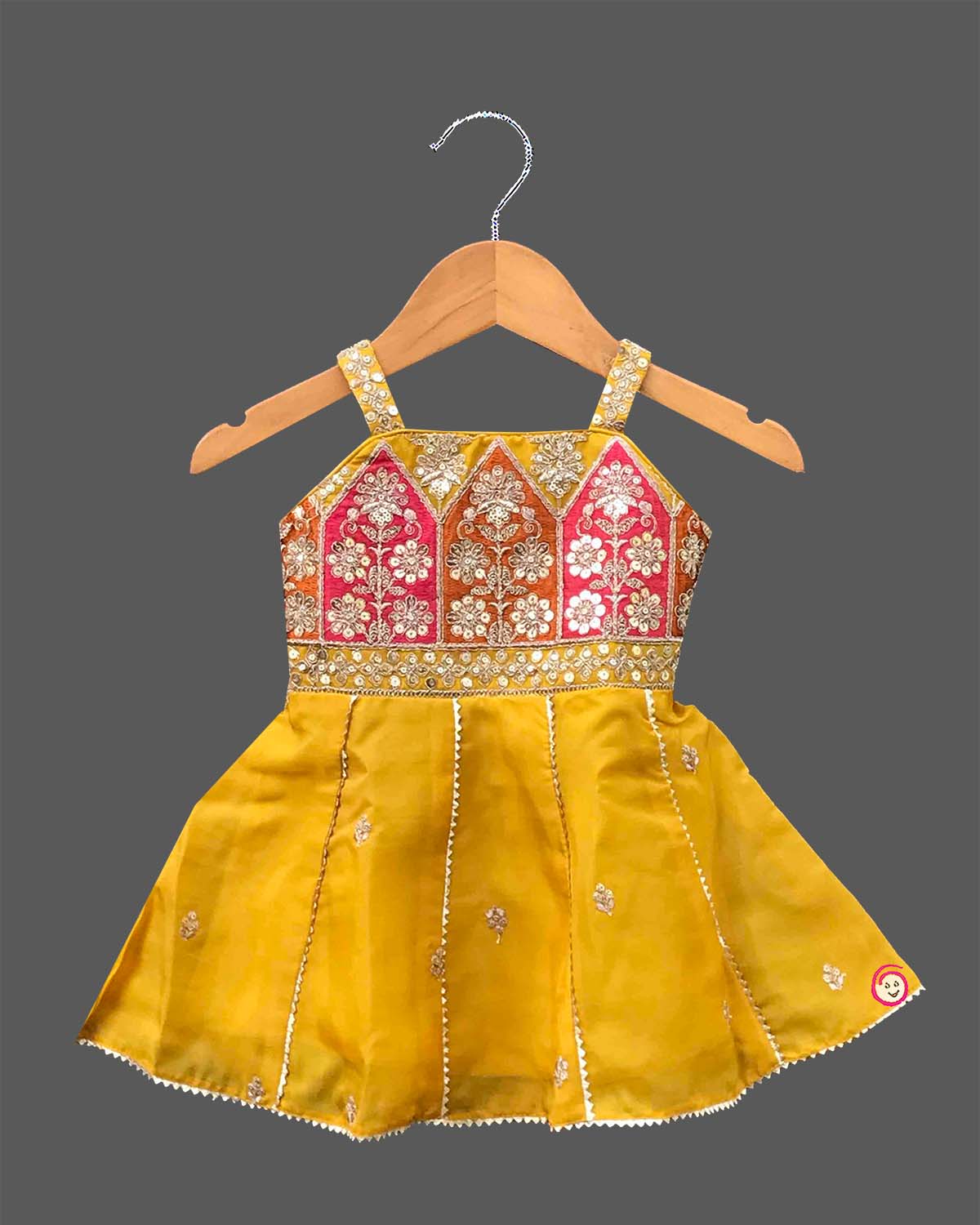 Toddler girls traditional embroidered silk short kurti flared sharara bottom set for festive wear
