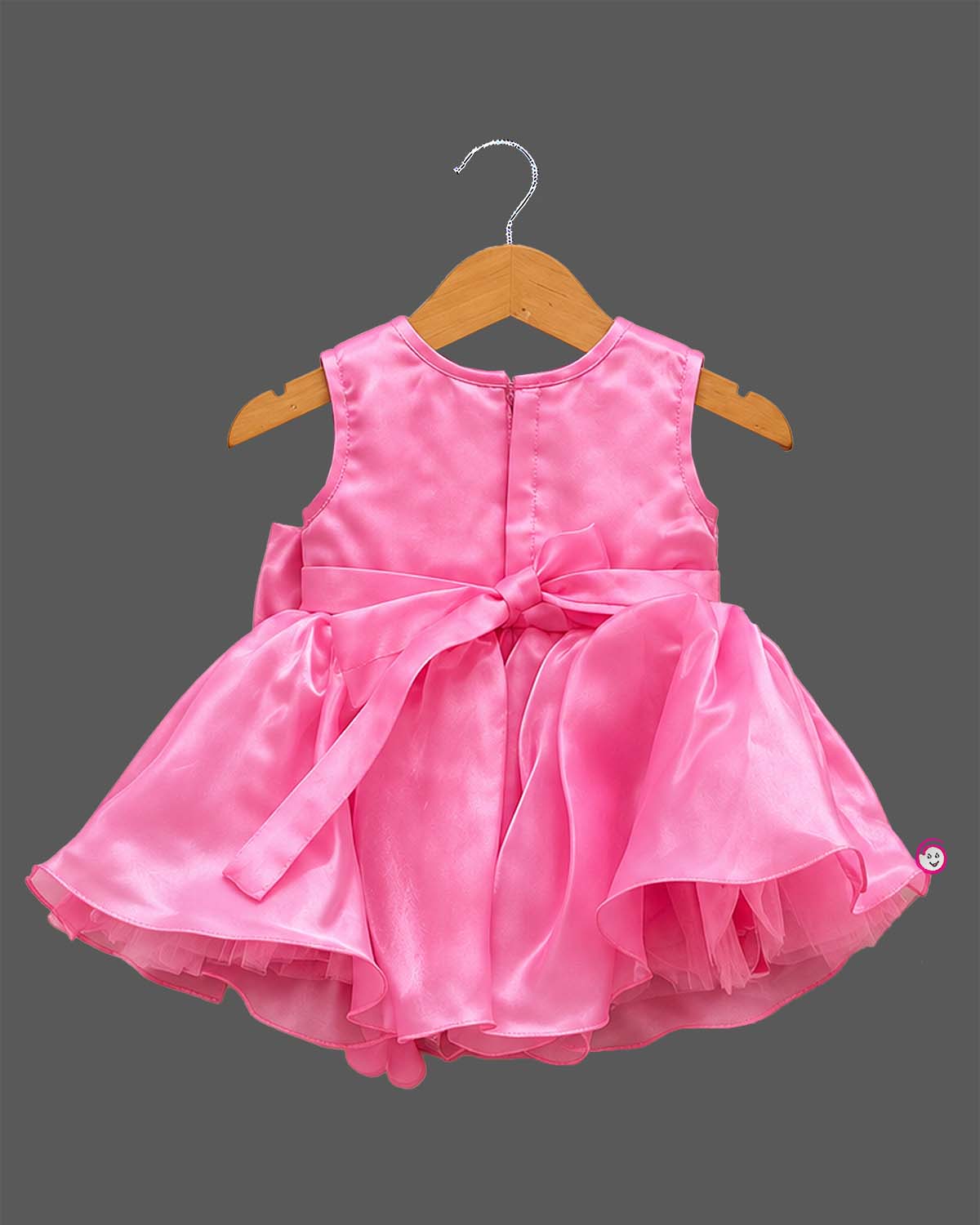 Baby party wear dress with sequined beaded bodice, shoulder flower, waist bow, and organza flare skirt.