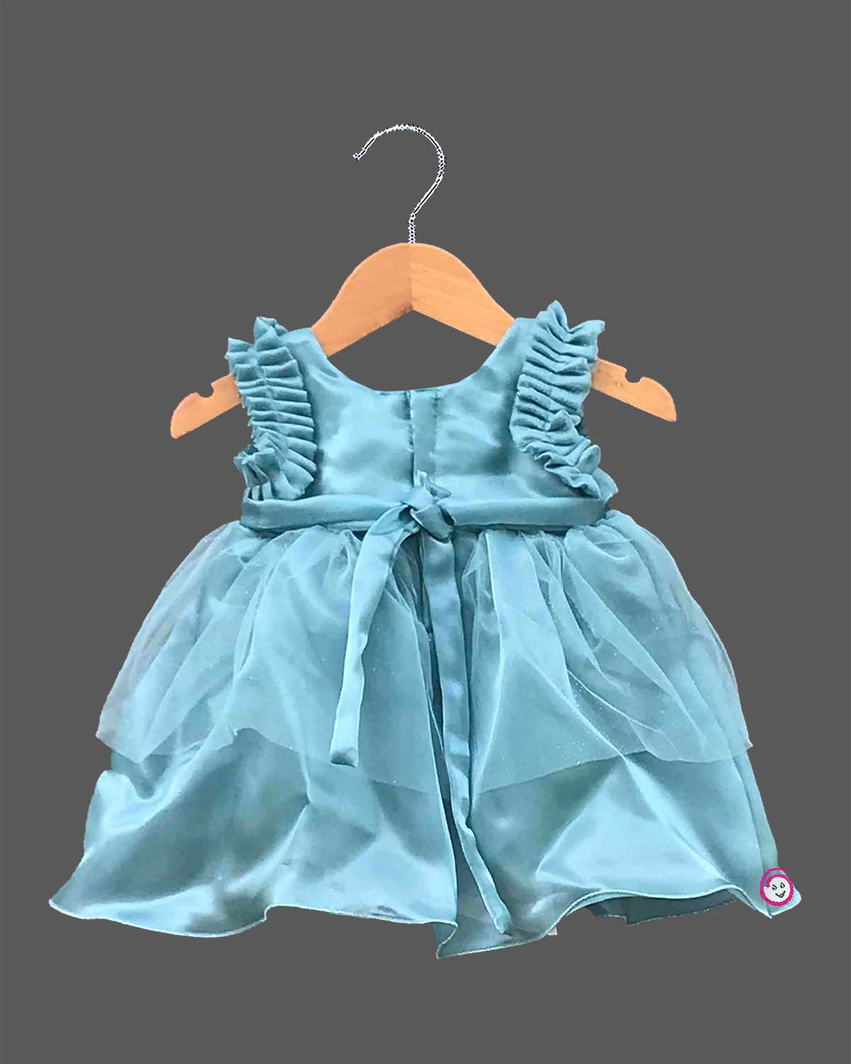 Aqua blue toddler net frock with rose flower applique for birthday party