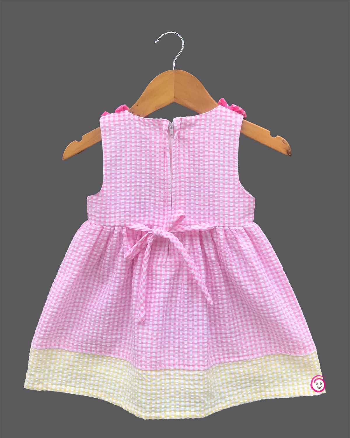 Little princess checked cotton casual frock with embroidered dessert motif and gathered skirt for comfortable everyday kids fashion