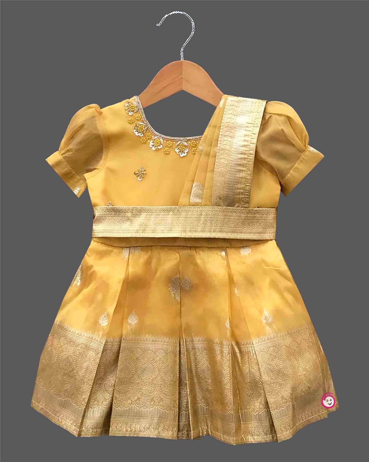 Toddler yellow cotton silk frock with border for festive wear