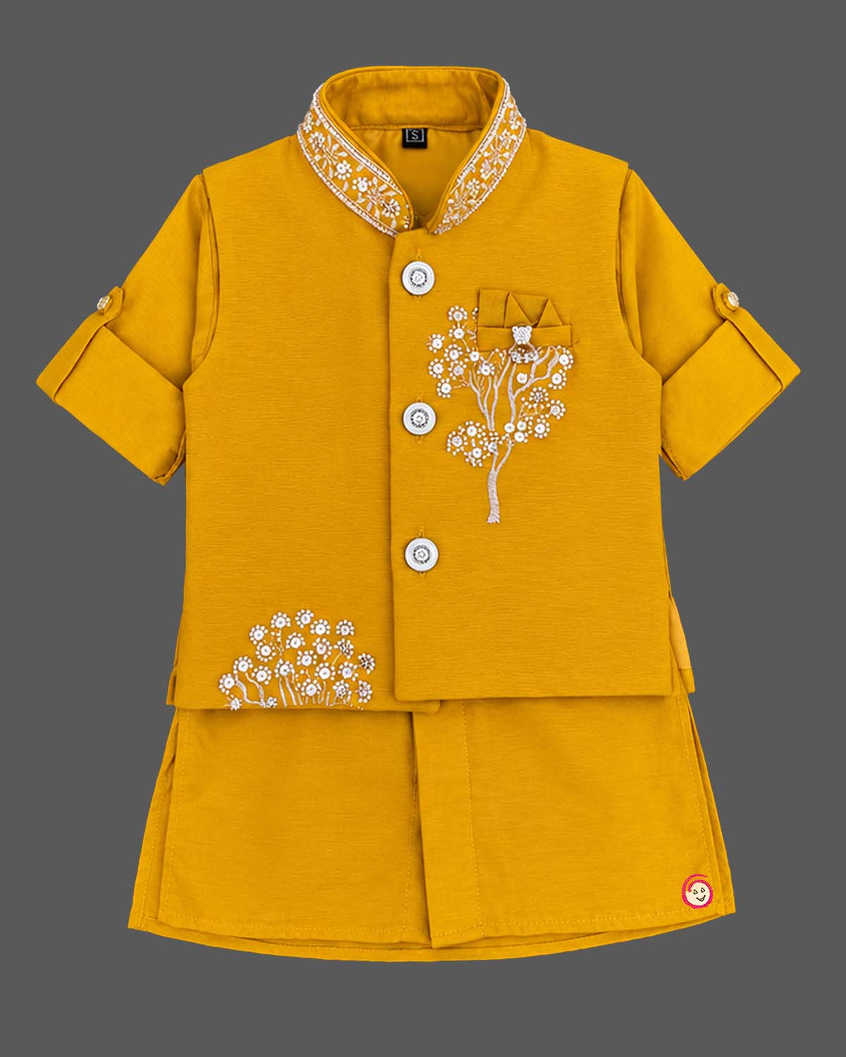 indo western dress for boys featuring embroidered mandarin collar and floral motifs for festive wear