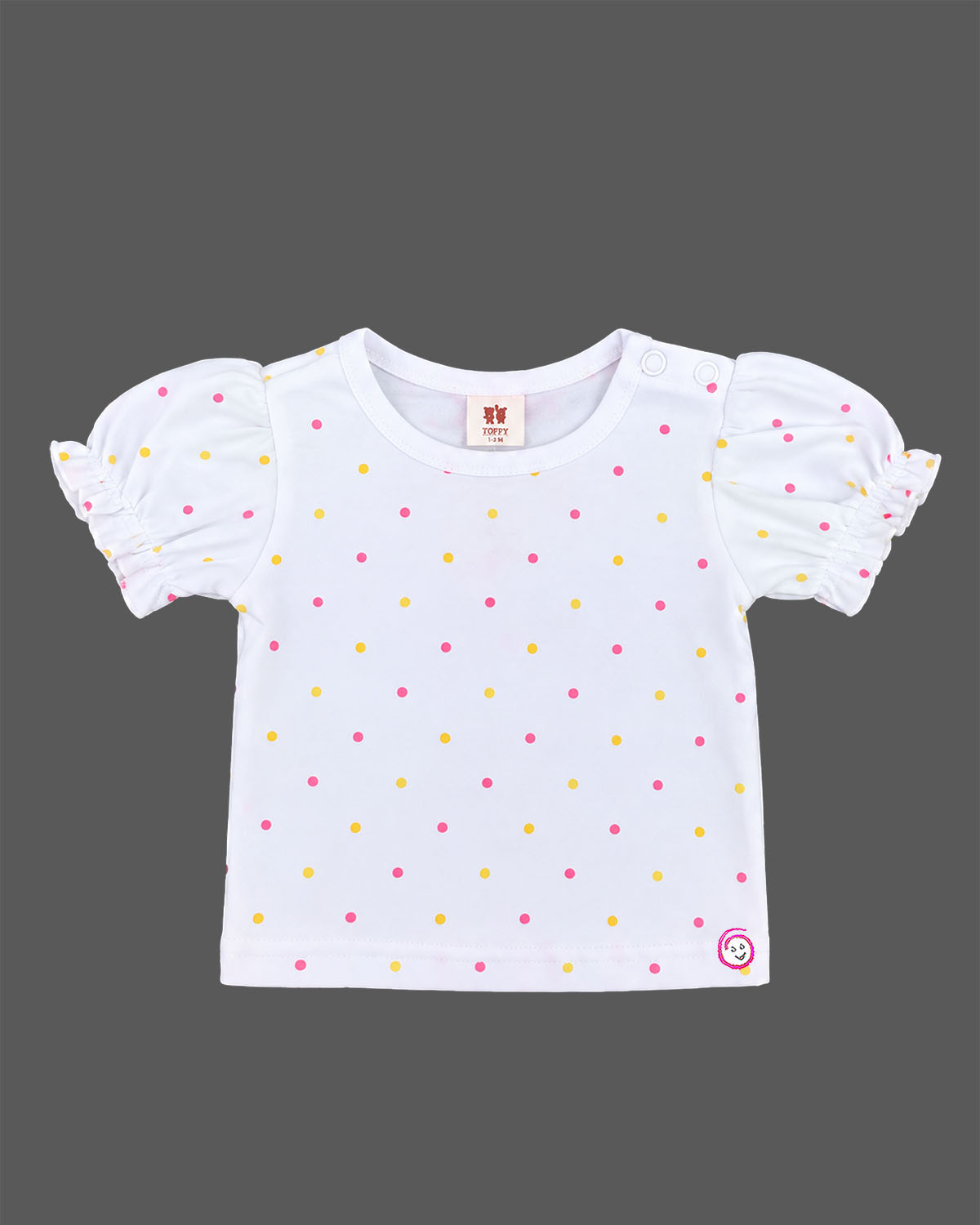 Infants frock set featuring a puff sleeve t-shirt and embroidered pinafore dress for girls.