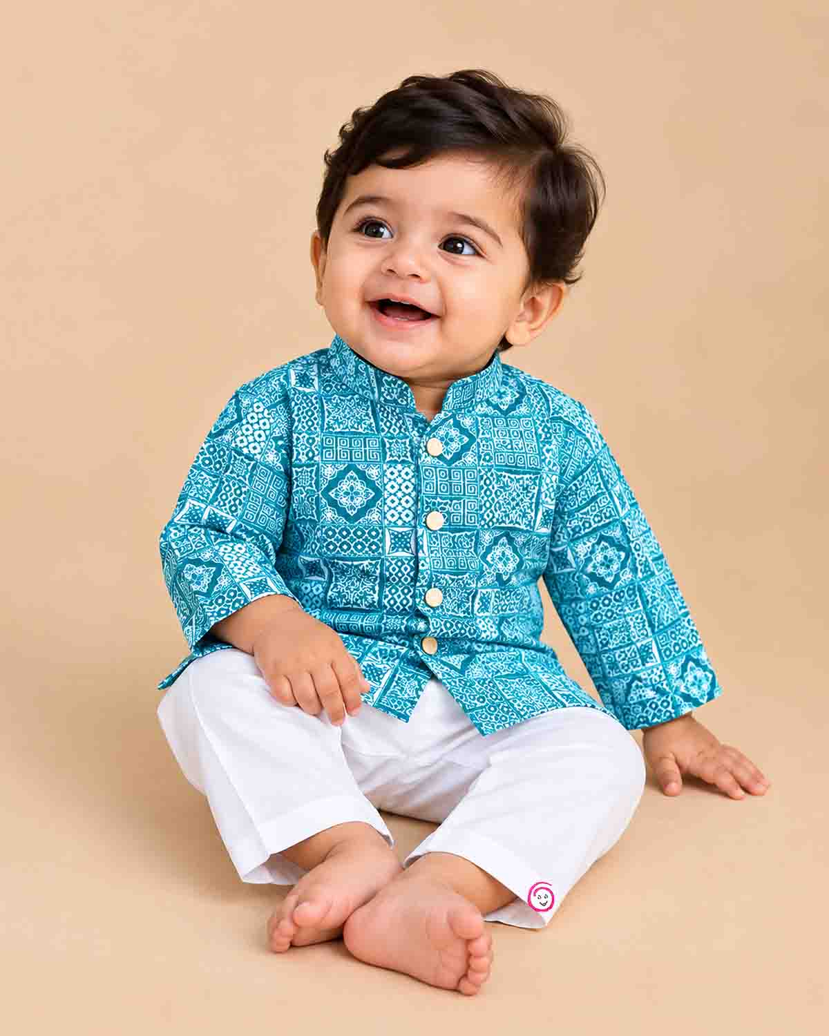 Baby boy geometric printed cotton kurta with mandarin collar and matching elasticated dhoti bottoms