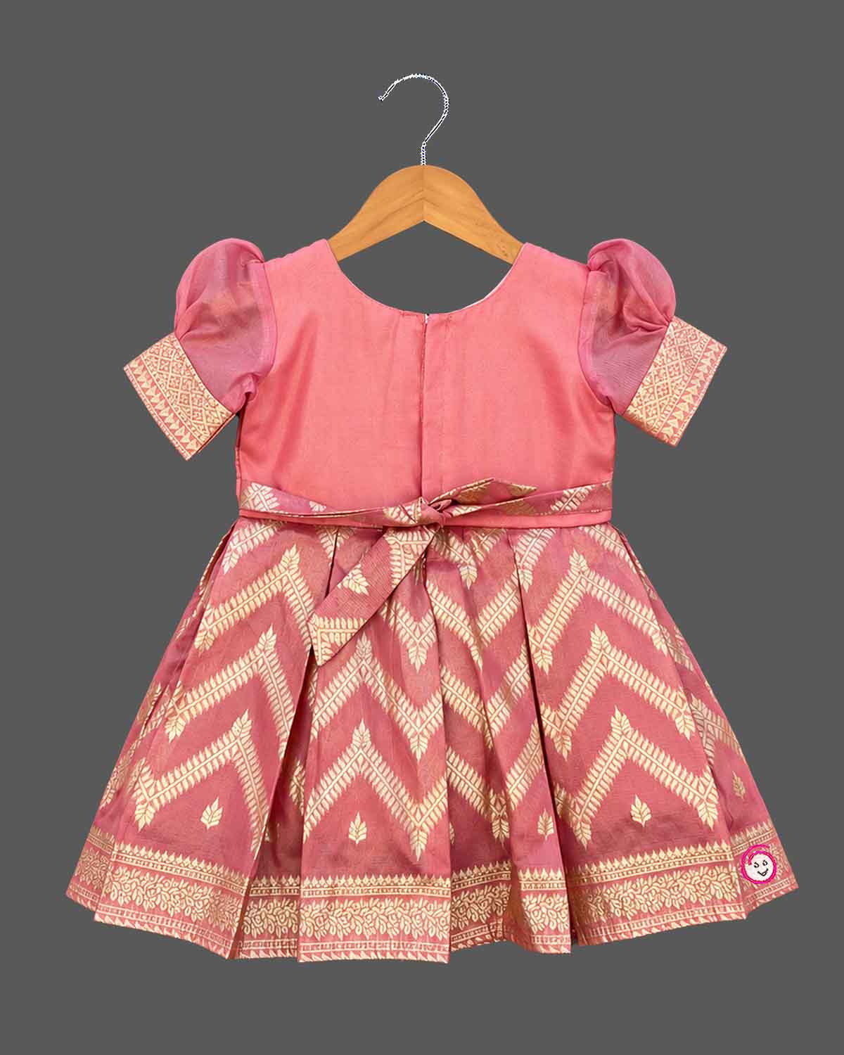 Girls pattu frock with organza puff sleeves, zari chevron box pleats and hand embroidered neckline on a hanger