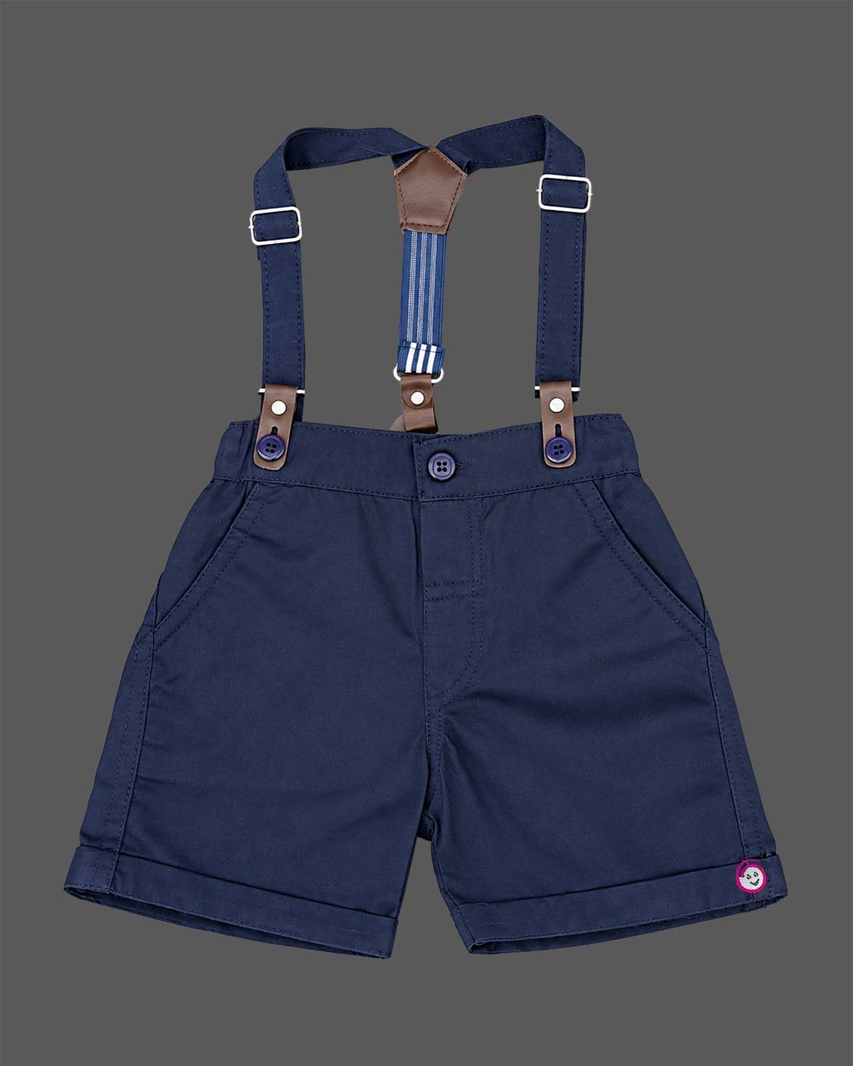 Printed short sleeve shirt with bow tie and navy suspender dress for infant