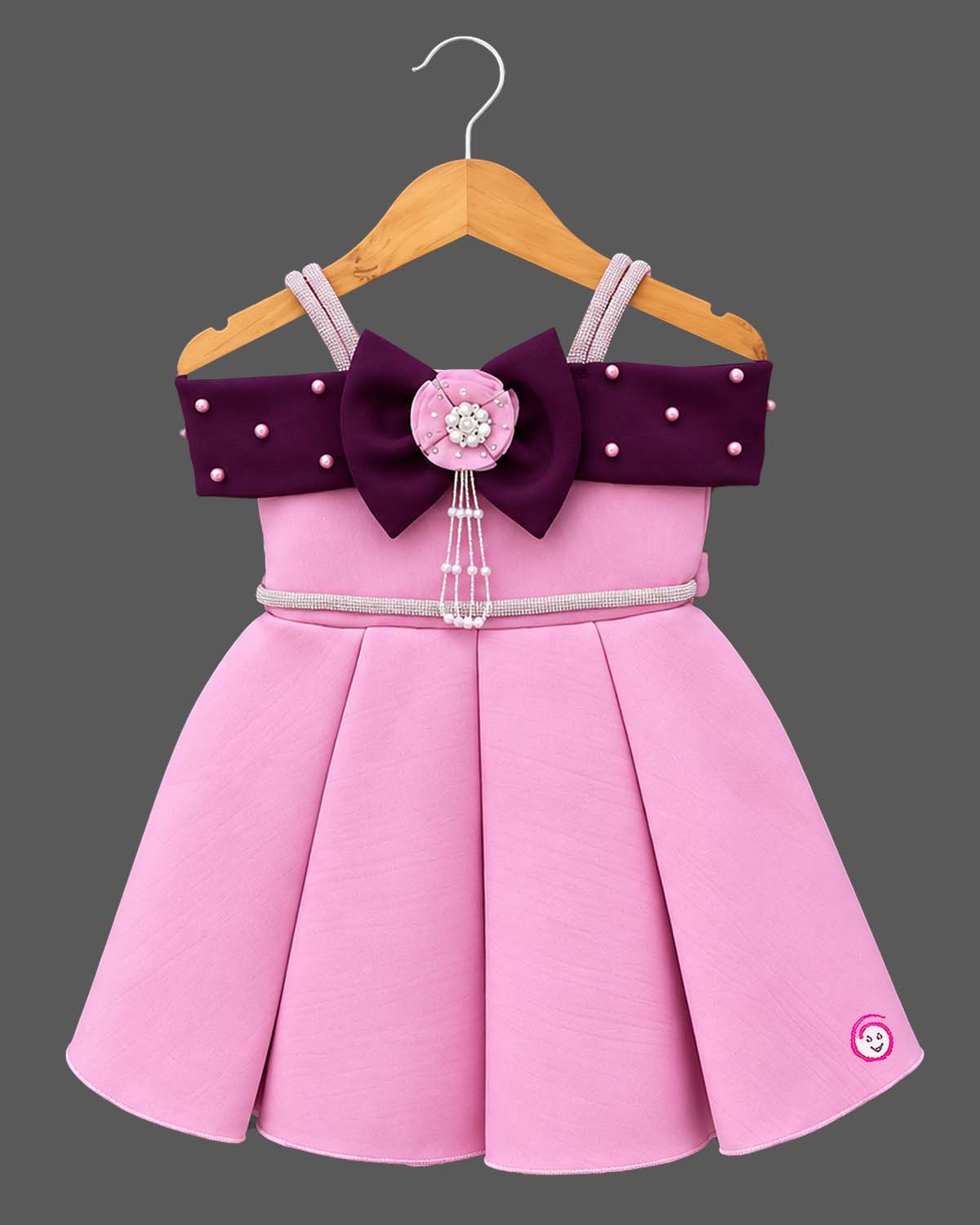 Kids party wear scuba frock with off-shoulder bow detail and pearl embellishments