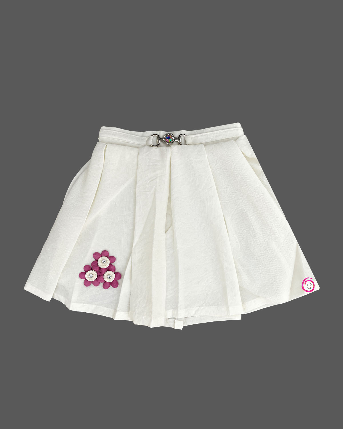 Collared button-front top and box-pleated skirt set with floral applique baby party wear dress.