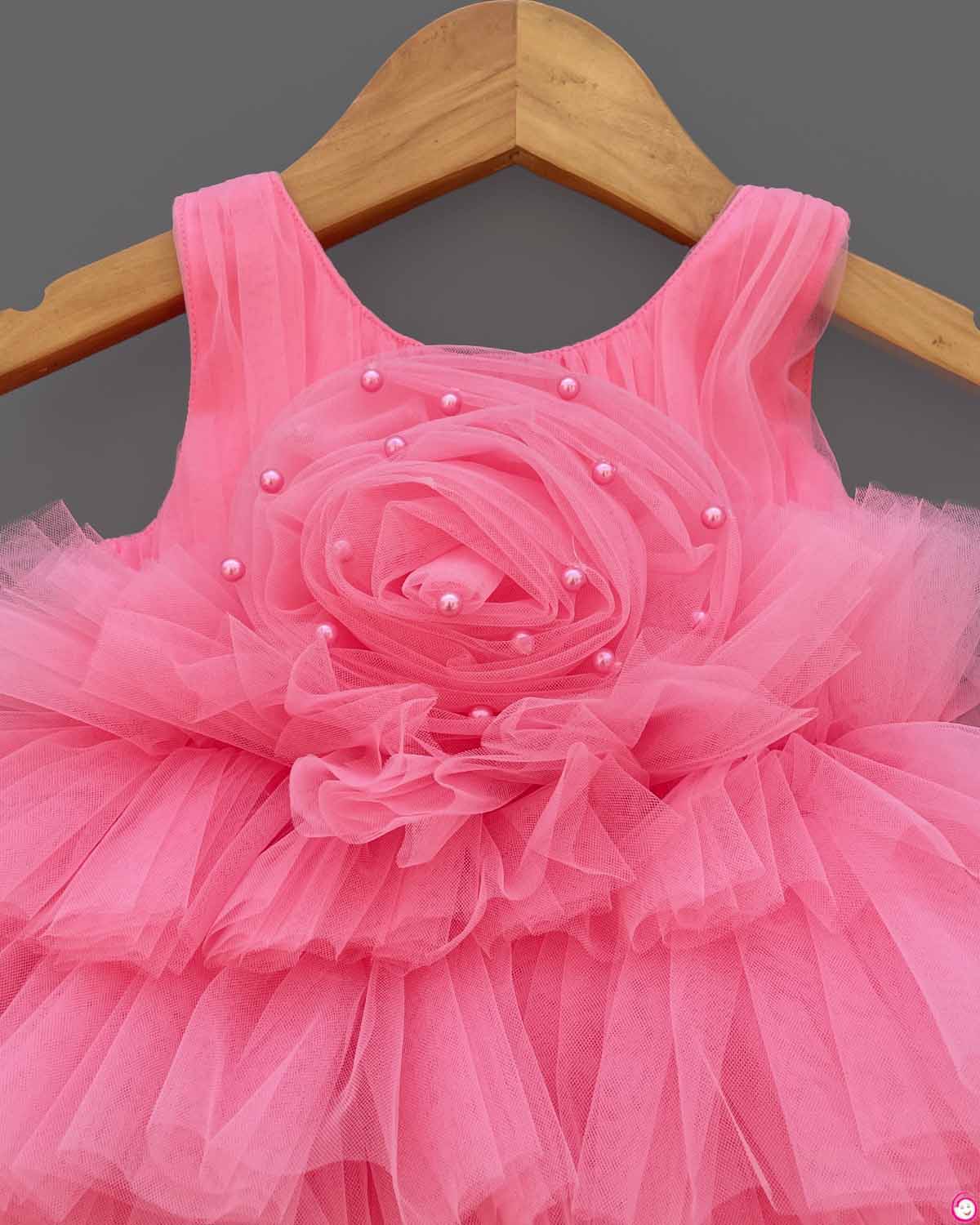 Girls elegant ruffled Floral design color party frock - Pink