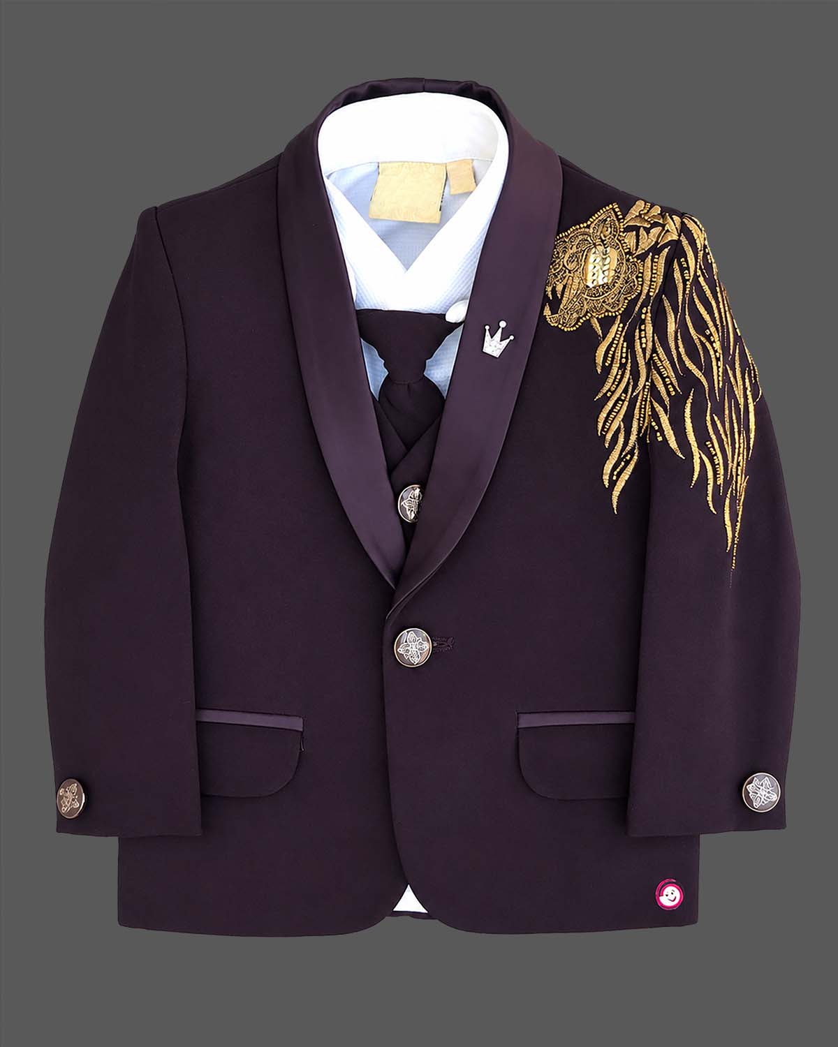 Boys wine designer tuxedo suit set featuring a shawl collar blazer with intricate gold shoulder embroidery, shirt, waistcoat, tie, and matching formal pant